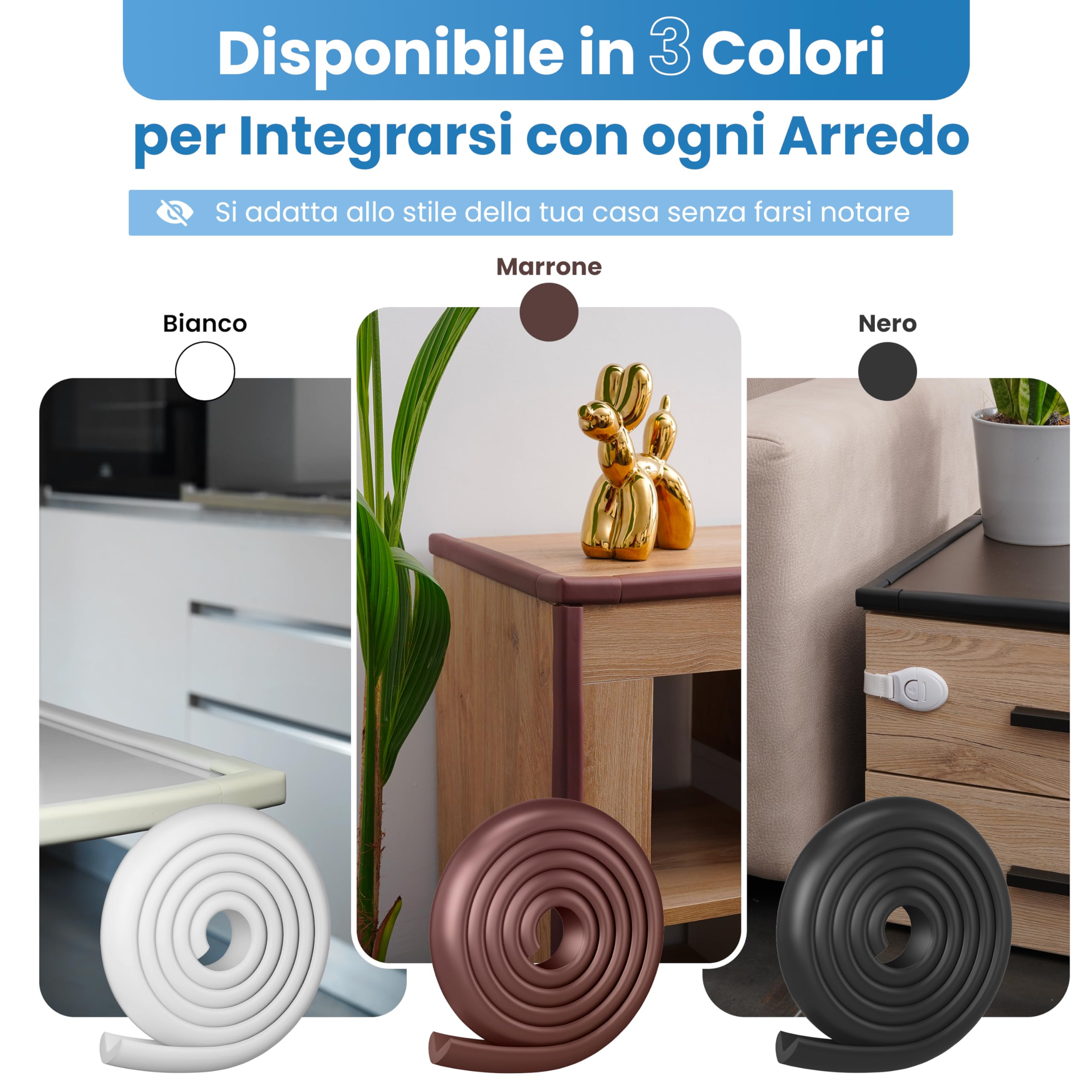 Happy Chlea Copri Angoli in Gomma con Schiuma Attiva, Kit Sicurezza Casa 2m Parabordi + 4 Angolari Morbidi + 2 Blocca Cassetti