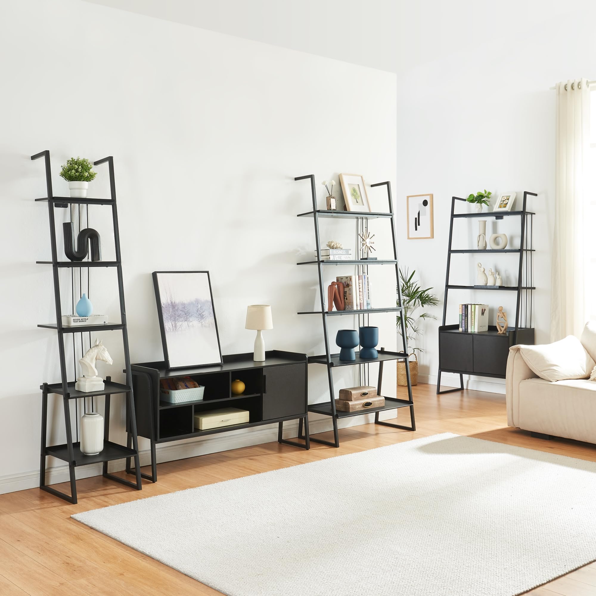 [en.casa] Set di 4 Mobili per Soggiorno Ufficio Composto di Mobile TV 3 Scaffali a Scala Mobili in Stile Industriale - Nero