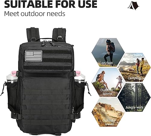 Miniatura 3 de Mochila táctica militar de 45 L para senderismo, hombres y mujeres, mochila militar Molle para camping, pesca, viajes, Negro -, Mochilas de mochila