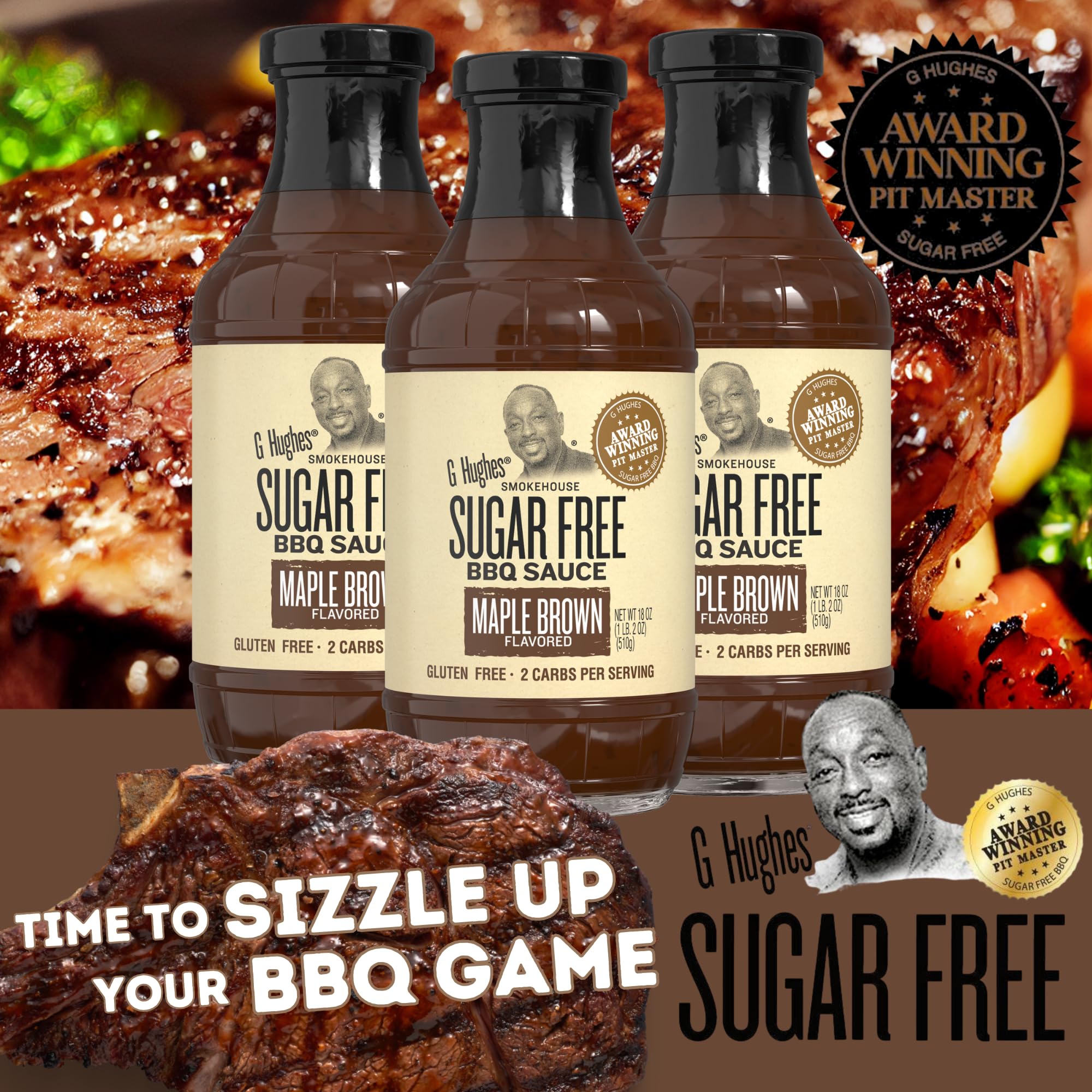 G Hughes Smokehouse Sugar Free BBQ Sauce 18oz Glass Bottle (Pack of 3) Select Flavor Below (Maple Brown)