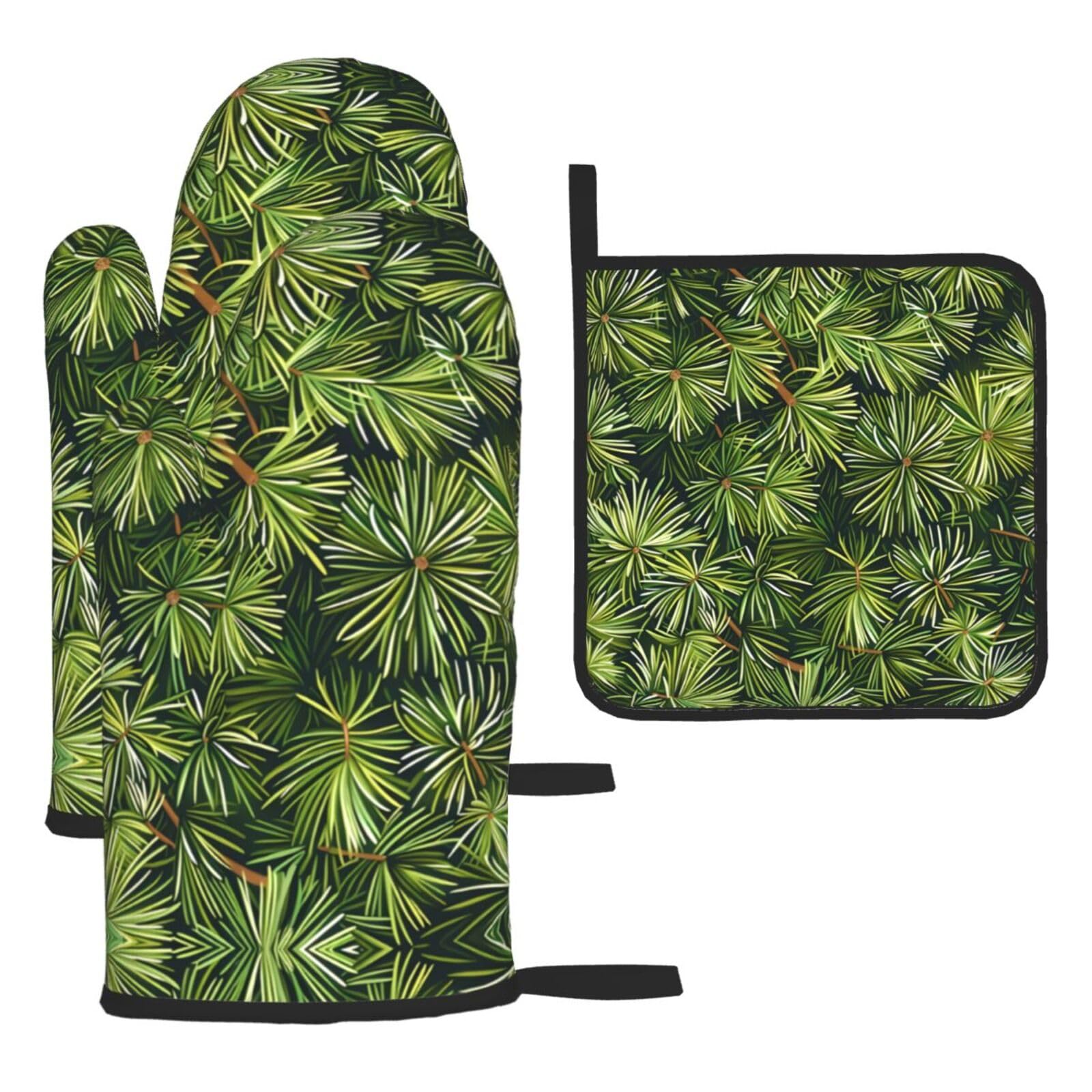 Pine needles Printed Oven Mitt Set 3-Piece | Heat Resistant Gloves & Pot Holder Mat for Cooking, Baking & BBQ