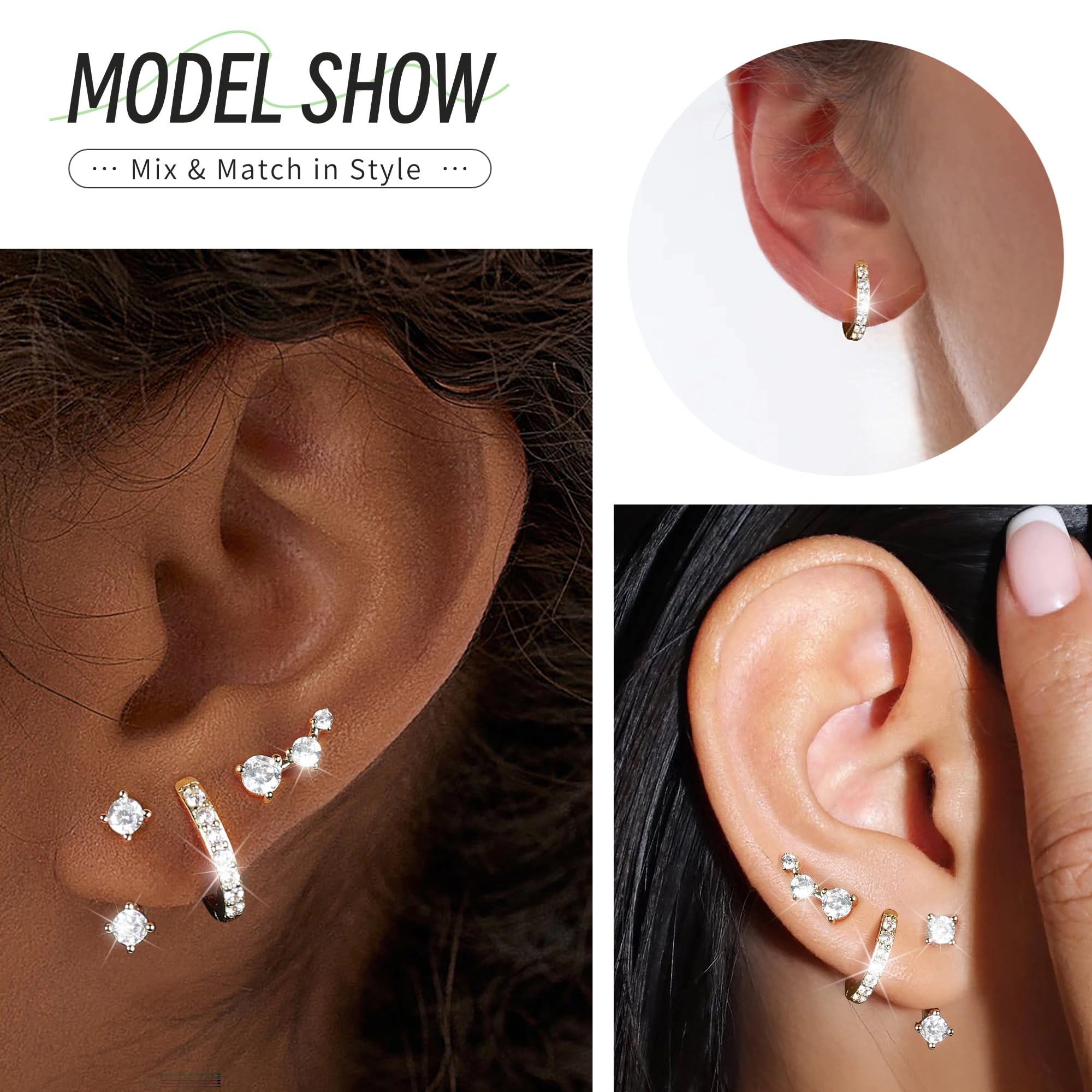 MACACHII Orecchini Donna Argento 925 Placcati Oro 14K - Set 3 Paia Orecchini a Lobo, Cerchio, Helix - Anallergici, Idee Regalo Gioielli per Piercing Multipli