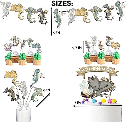 Miniatura 3 de Juego de decoraciones de dragón para baby shower con bandera, decoración de cupcakes, decoración para pasteles y centros de mesa, suministros de