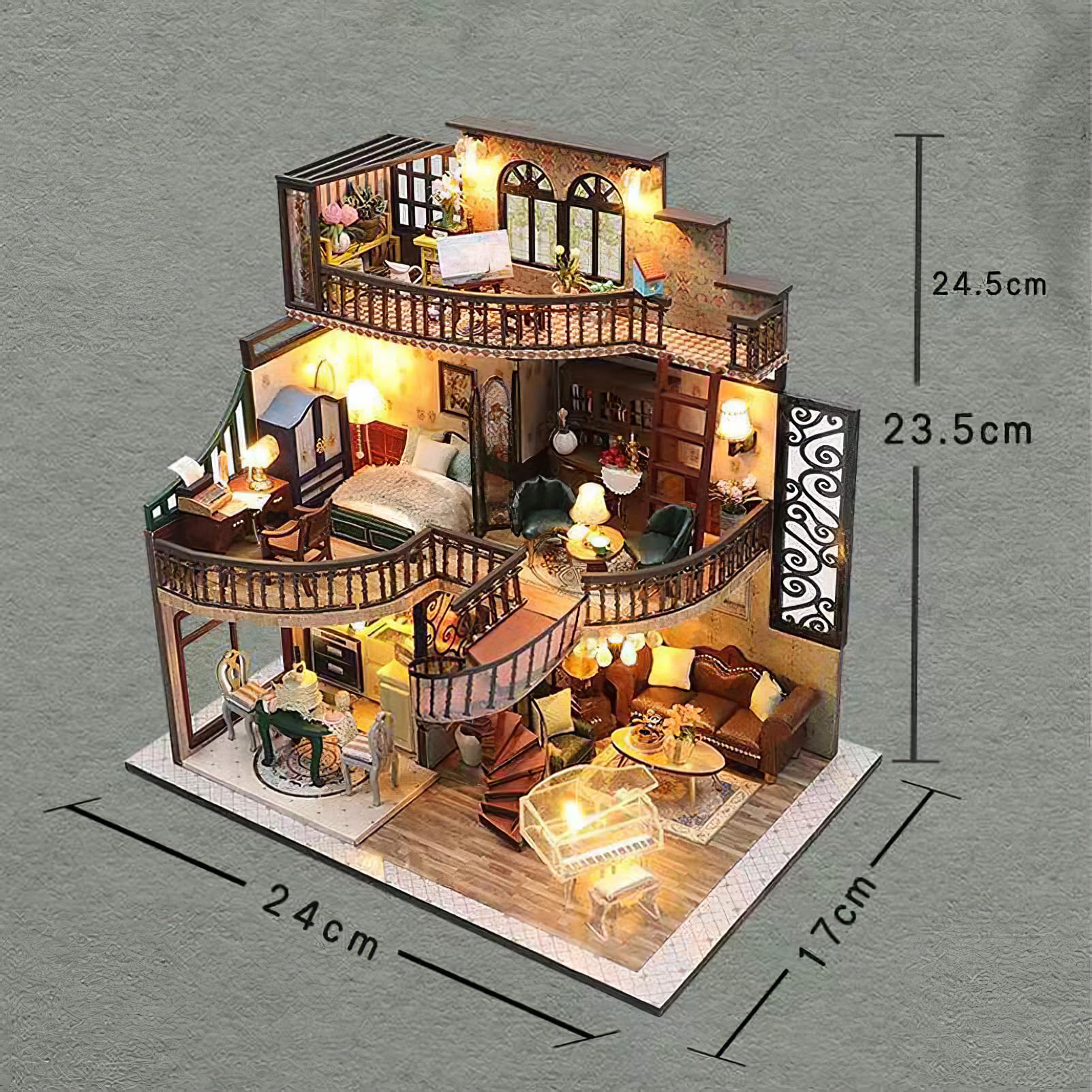 Miniaturowy zestaw domków dla dorosłych, mini budynek domku, miniaturowy zestaw DIY dla dorosłych, drewniany mini domek dla lalek na urodziny, Boże Narodzenie, trzypiętrowy retro loft
