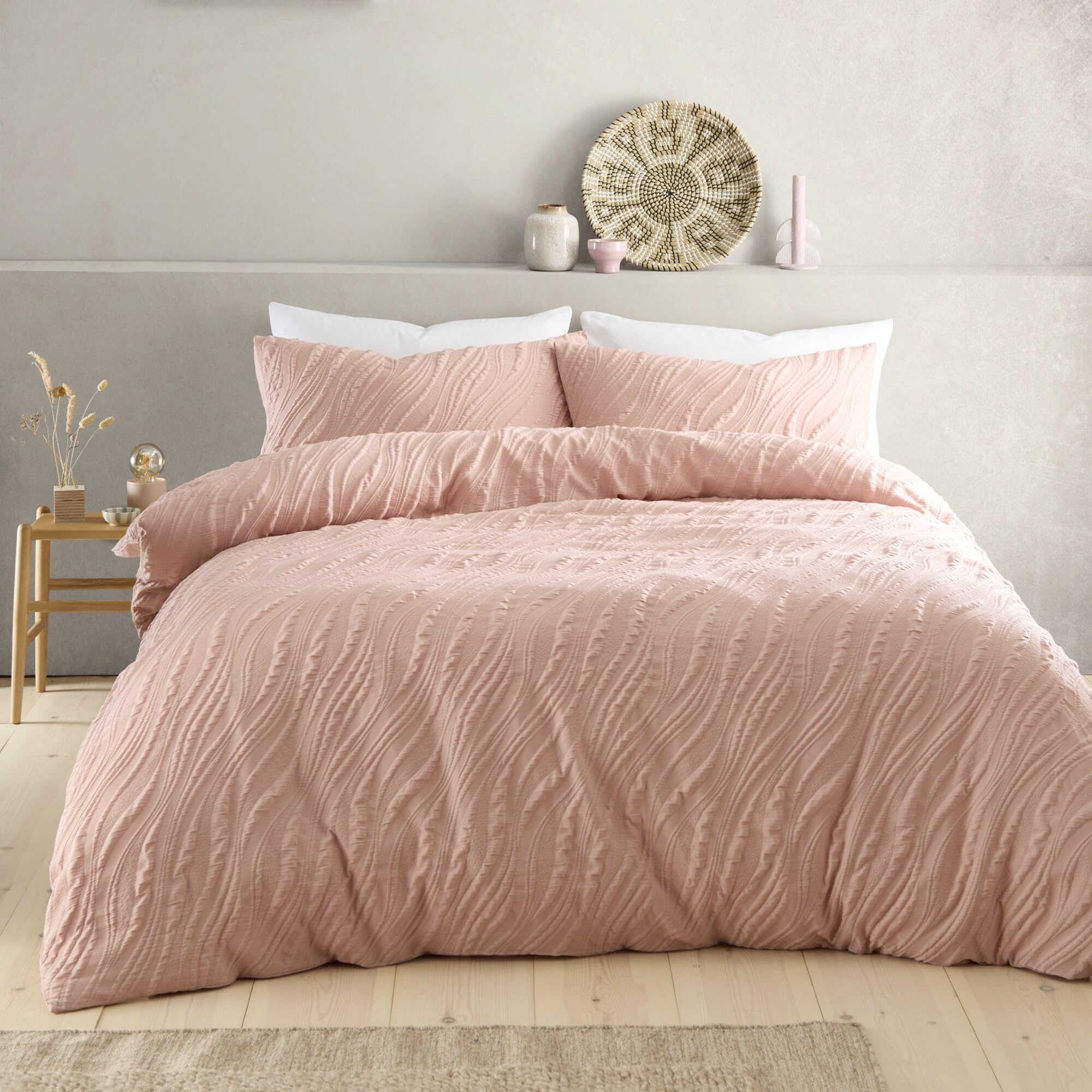 Housse de couette seersucker pour chambre cocooning parure géométrique rose