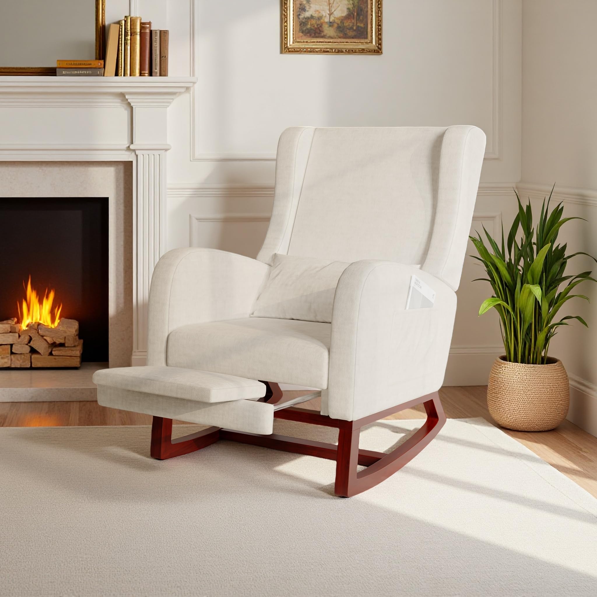 Fauteuil à Bascule avec Repose Pied Rétractable, Chaise à Bascule Coussin Lombaire, Rocking Chair Salon Chambre (Beige Lin)