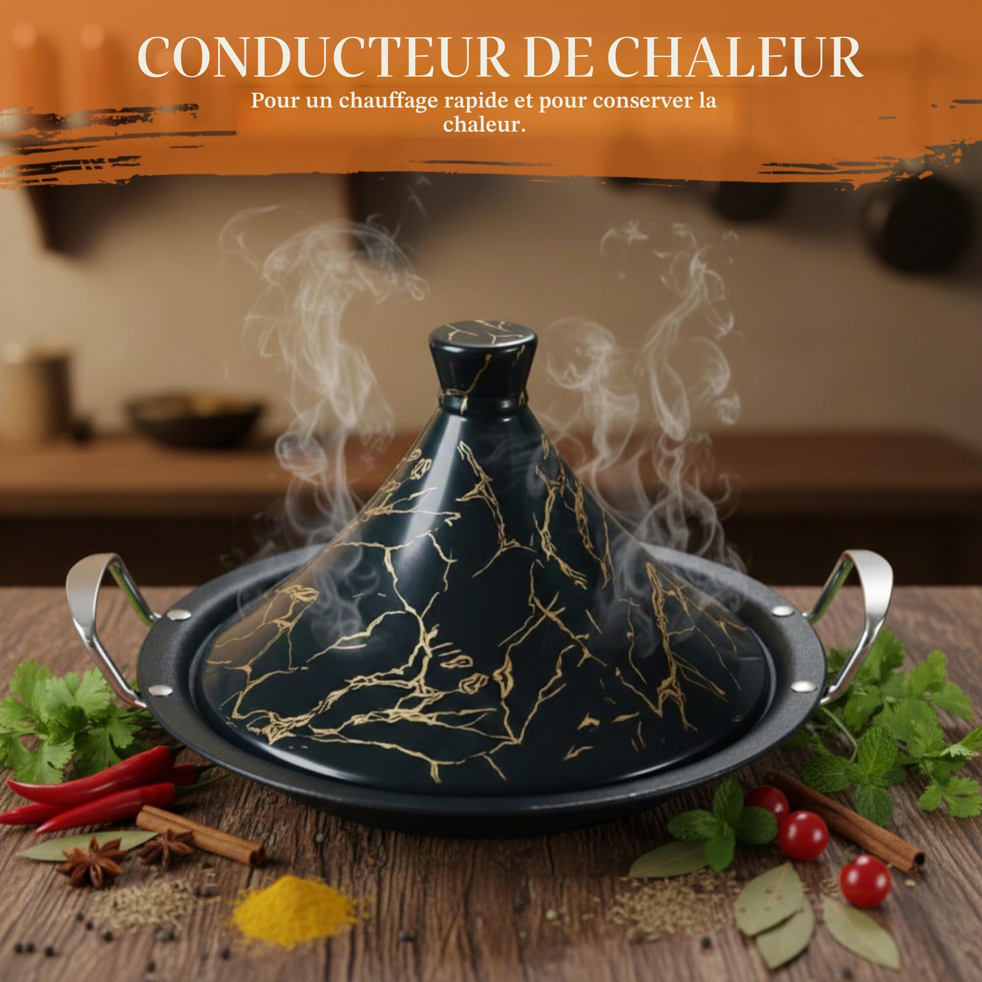 Tajine Royal Swiss 38 cm – Acier inoxydable, revêtement antiadhésif, couvercle porcelaine – Toutes sources de chaleur, induction, gaz, électrique – Cuisine saine (Noir, 38 cm)