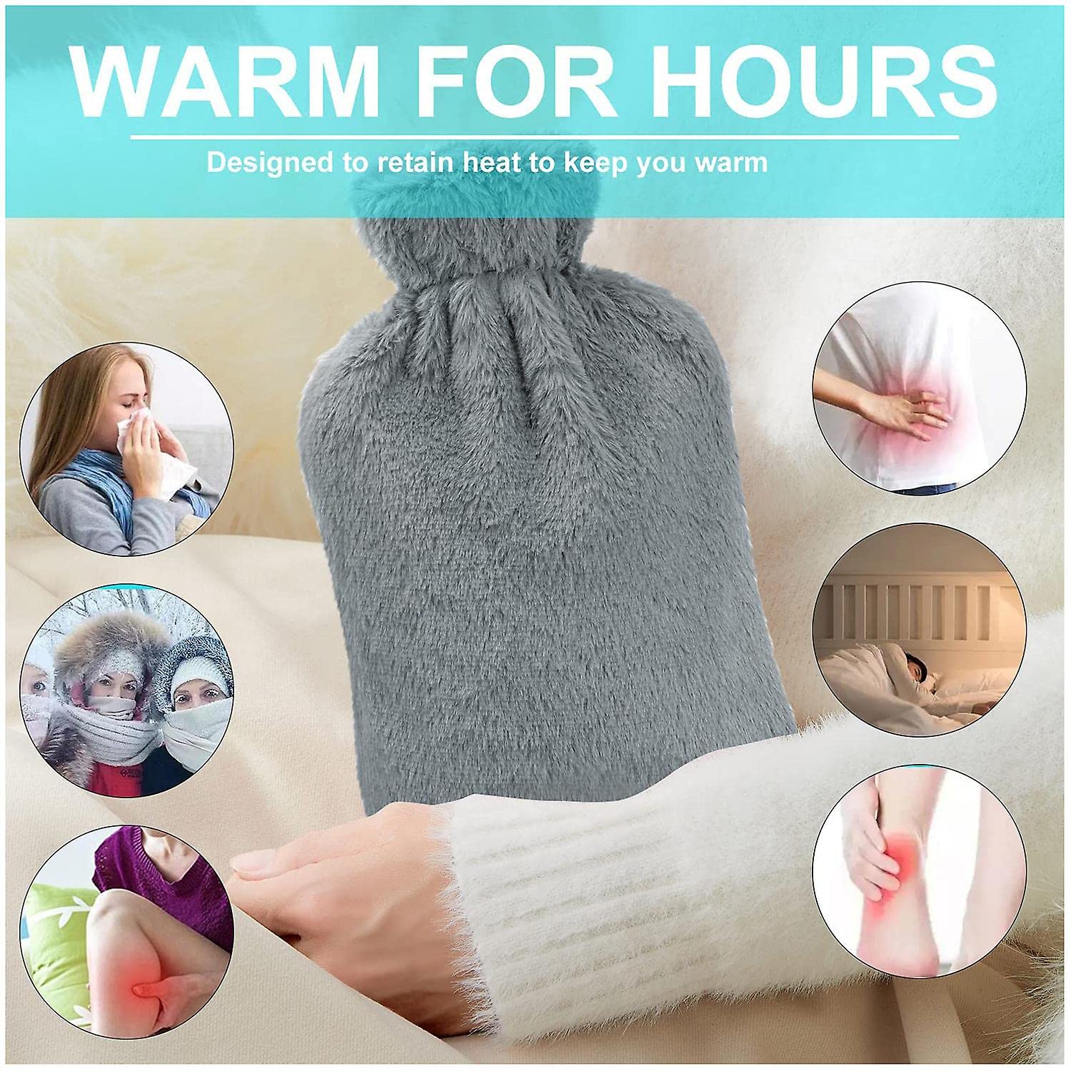 Bolsa de Agua Caliente de 2L, Cokomono Botellas de Agua Caliente con Suave Felpa Funda, Hot Water Bottle, bolsa agua caliente, mejor regalo (Gris)