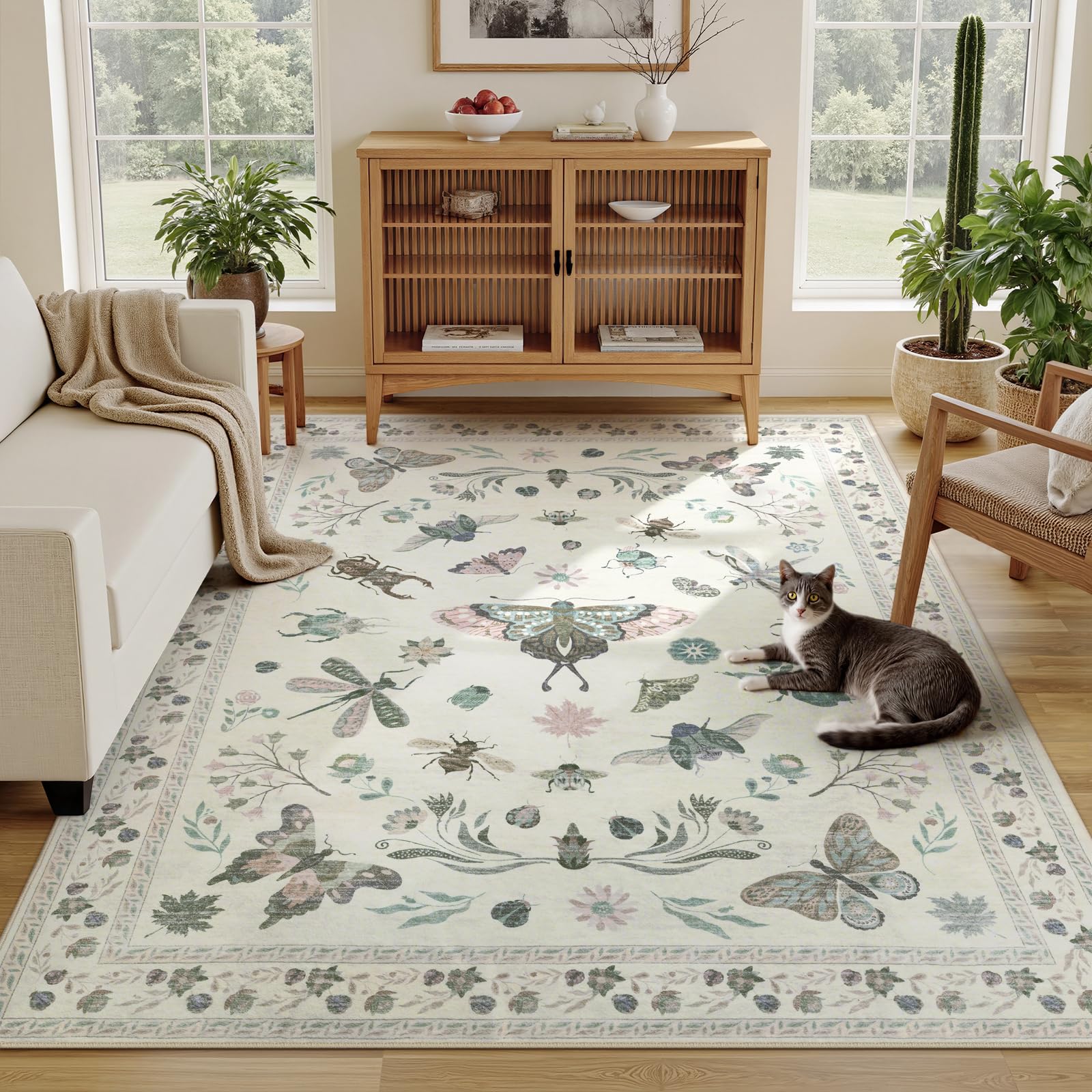 Dadasgk Insect Print Washable Area Rugs 5x7, Soft Rugs for Living Room, Ultra-Thin Non Slip Modern Bedroom Rug, Throw Rug Large Boho Carpet for Dining Room Kids Nursery Office, Beige