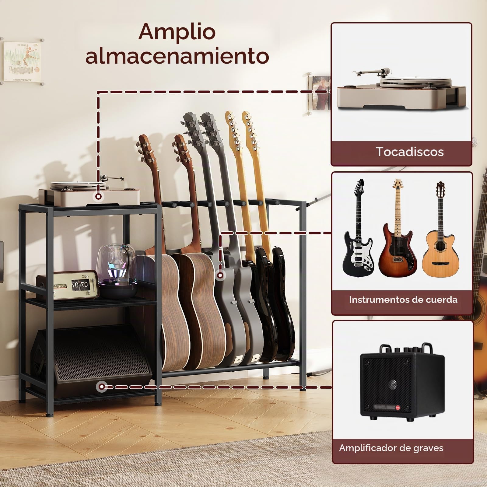 MAHANCRIS AGSBK9701 - Soporte de guitarra para instrumentos de 5 a 6 cuerdas, apto para guitarra acústica, bajo, soporte para guitarra con estantes para tocadiscos, con almohadillas de goma
