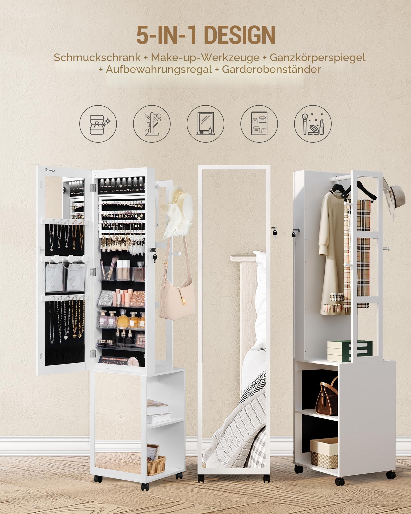 Hzuaneri Schmuckschrank, Schmuck Spiegelschrank, schmuck spiegelschrank stehendstehender Schmuck-Organizer mit 1 Kleiderständer, 3-stufige Ablageflächen mit 4 Kleiderhaken, weiß und Schwarz JC17003B