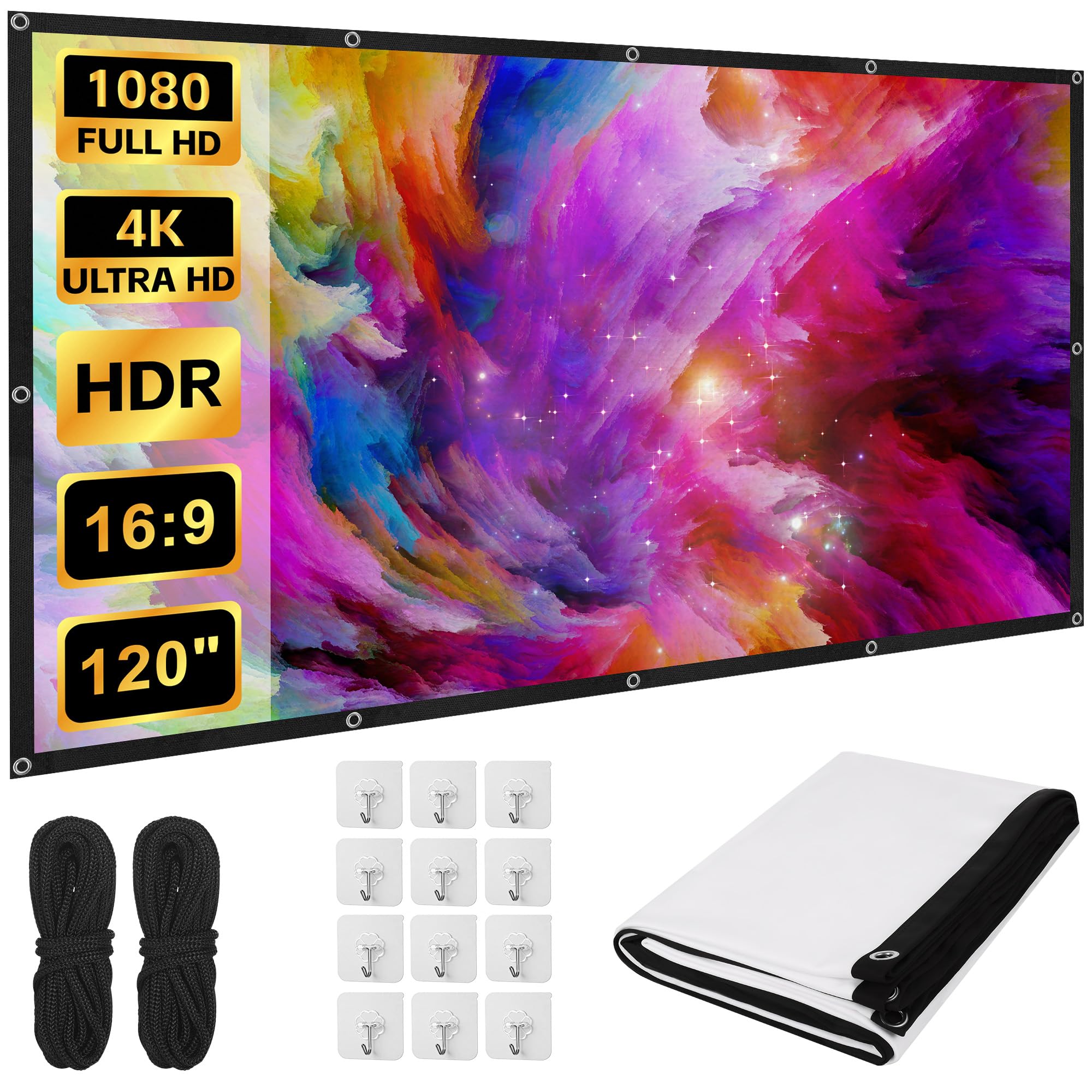 120 Pouces Écran de Projection Portable Extérieur, 16: 9 4K HD Double Face Anti-Plis Pliable Projection Intérieur, Écran Projecteur Lavable pour Camping Extérieur, Cinéma Maison et Fête