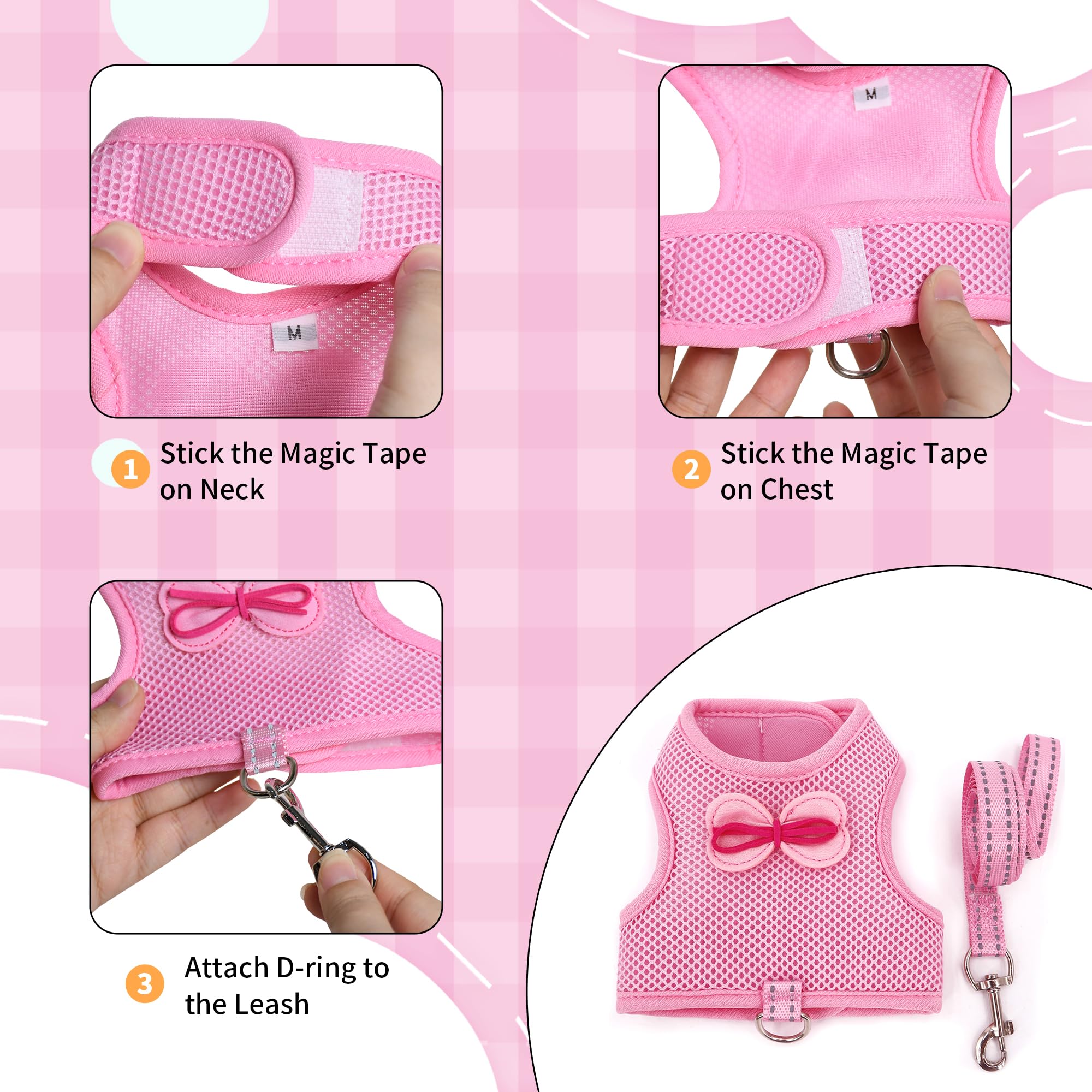 AIITLE Adjustable Cat Harness with Cute Bow, Breathable Vest, Anti-Escape Buckles, Reflective Leash for Training Parties - Image 2