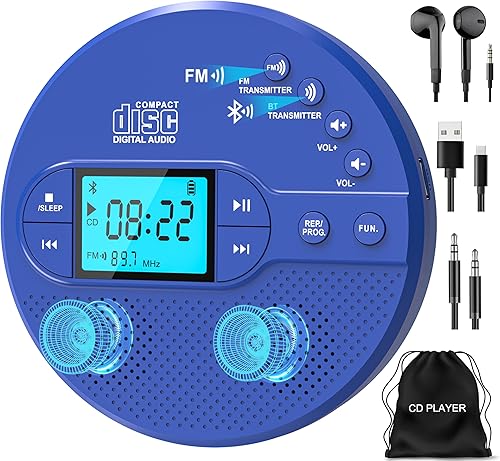 Miniatura 9 de Reproductor de CD portátil con Bluetooth, reproductor de CD con transmisor FM y altavoces para automóvil, reproductor de CD recargable con
