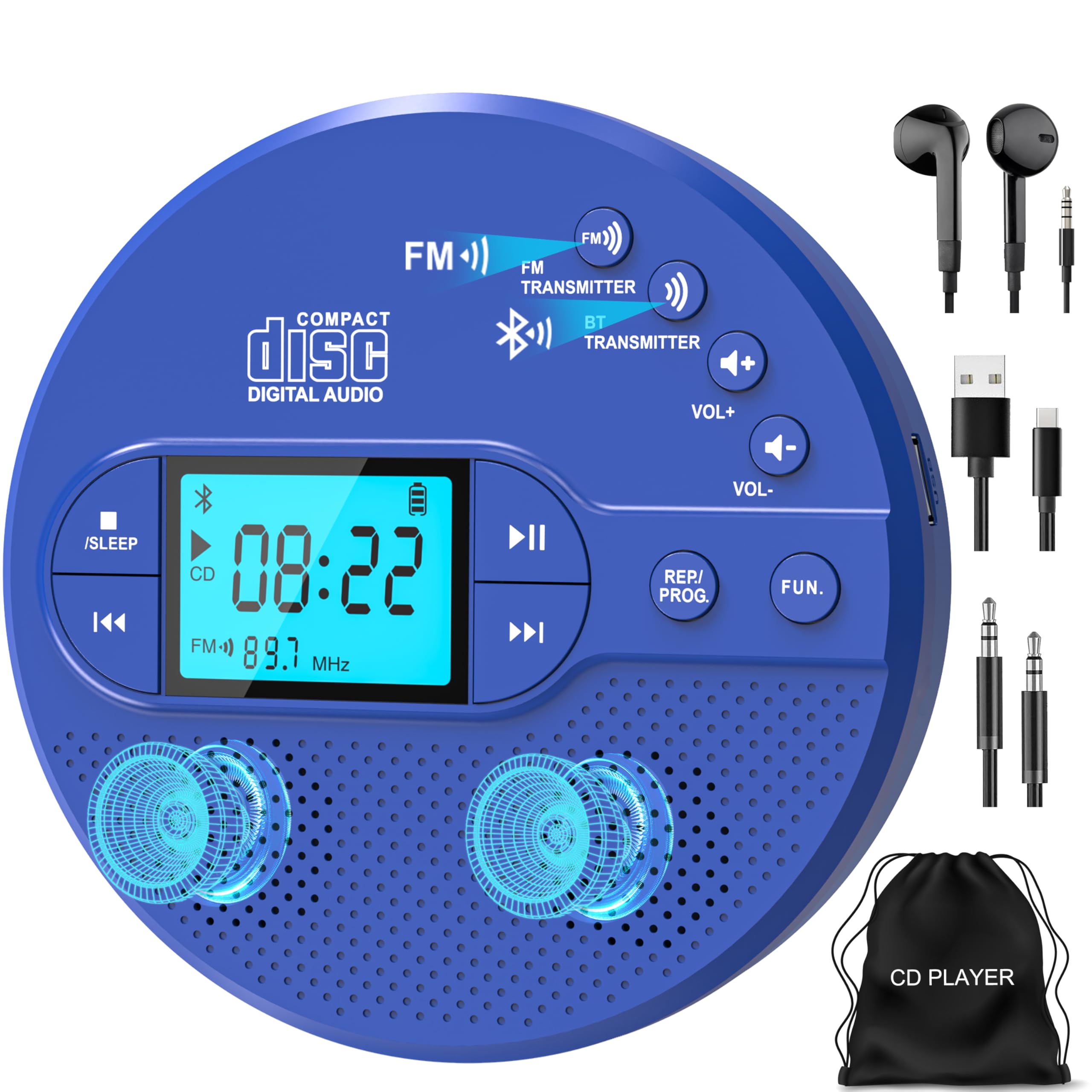 Portable CD Player with Bluetooth, Disman CD Player for Car with FM Transmitter, Rechargeable Personal cd Player with Anti-Skip Protection, Headphones, AUX/USB Supported, LCD(Blue)
