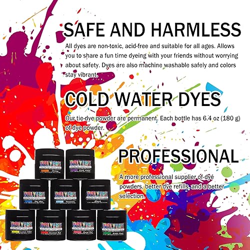 Miniatura 7 de Polvo de tinte para agua fría, surtido de 8 colores, 72-oz. frascos a granel, para teñido anudado, batik, teñido con hielo