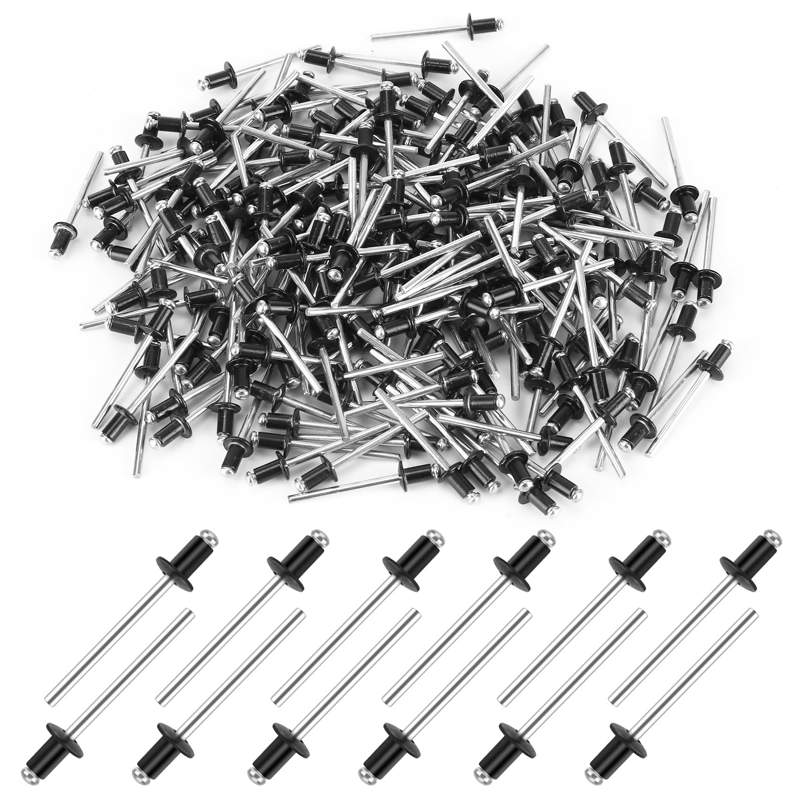 200 sztuk aluminiowych nitów zrywalnych, 4 x 6 mm, czarne nity pop, nity zrywalne do budynków, statków, samochodów i mebli