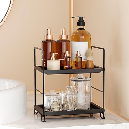 Miniatura 6 de Organizador de encimera de baño de 2 niveles, de plástico grueso, organizador de perfume para el cuidado de la piel para tocador, instalación sin