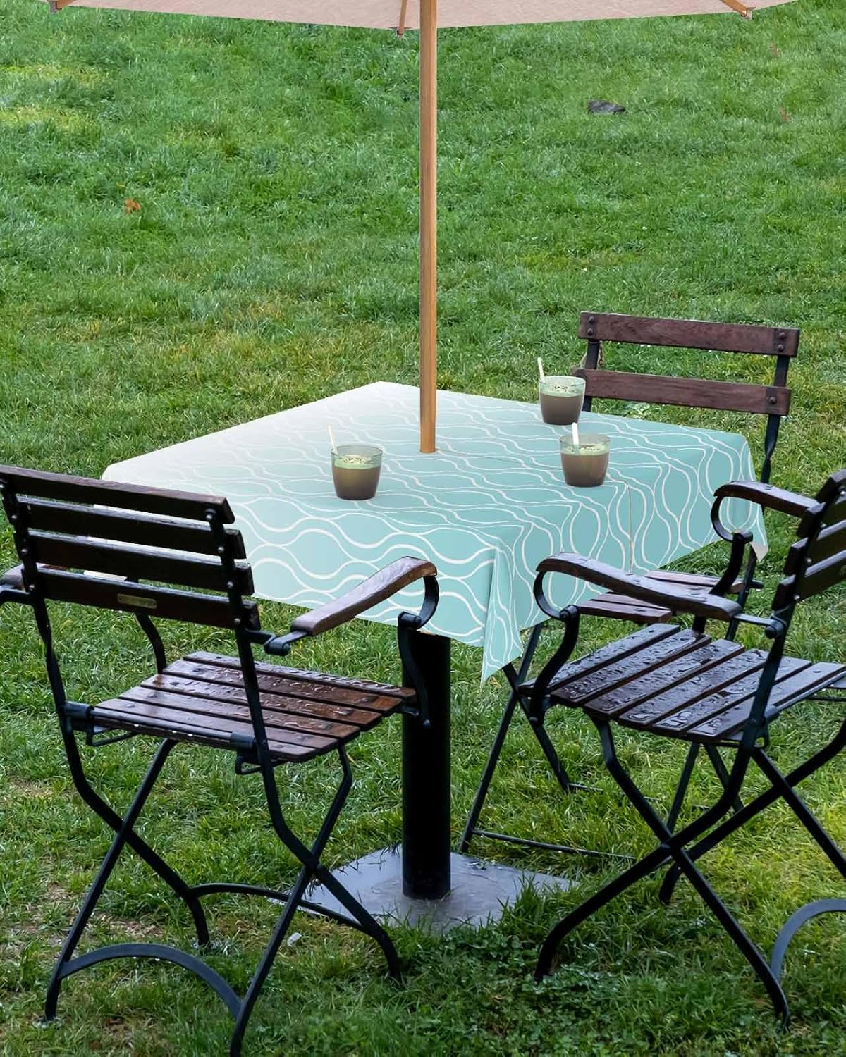 Outdoor Tablecloth with Umbrella Hole and Zipper 60" Square Wavy Geometric Lines Teal Blue Modern Water Repellant Table Cover Tabletop Collection for Party Patio Picnic