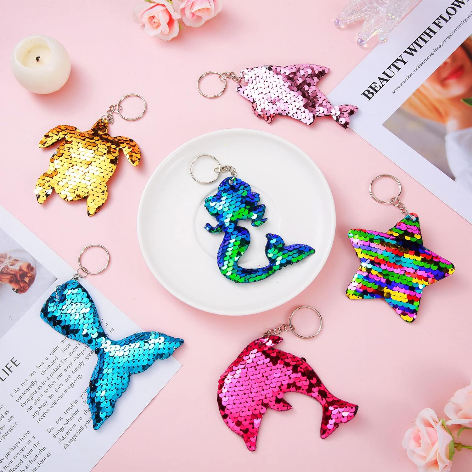 Batiyeer 24 Pcs Mermaid Sequin Keychains Ocean Theme Kids Girls Keyrings Tropical Rainforest Theme Decorations Reversible Adults Birthday Party Favor Key Chains Glitter Key Rings Classroom Gifts