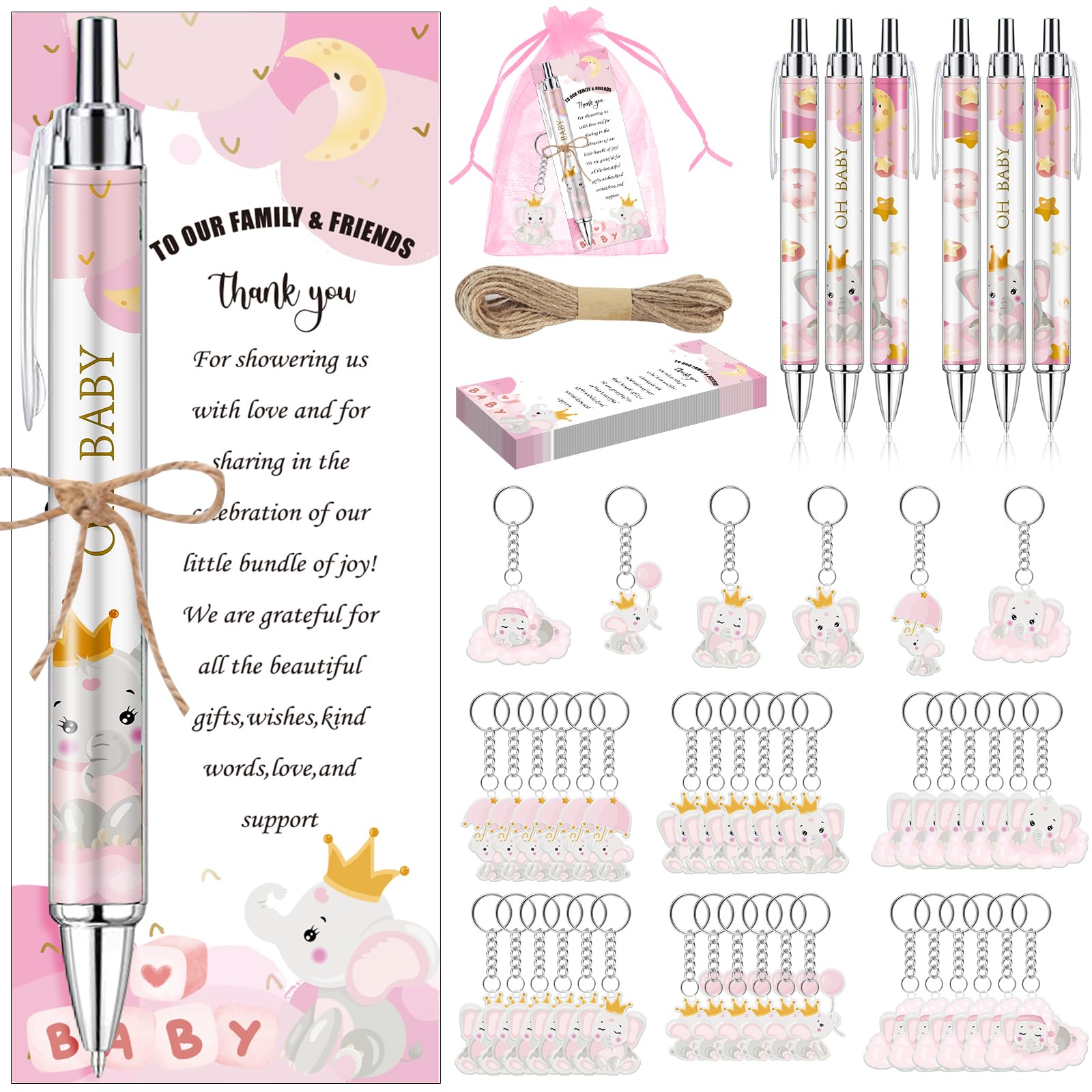 EYNDYN 145 Pieces Baby Shower Favors for Guest Pink Elephant Ballpoint Pens and Keychains Gifts for Baby Girls Bulk Retractable Baby Shower Pens