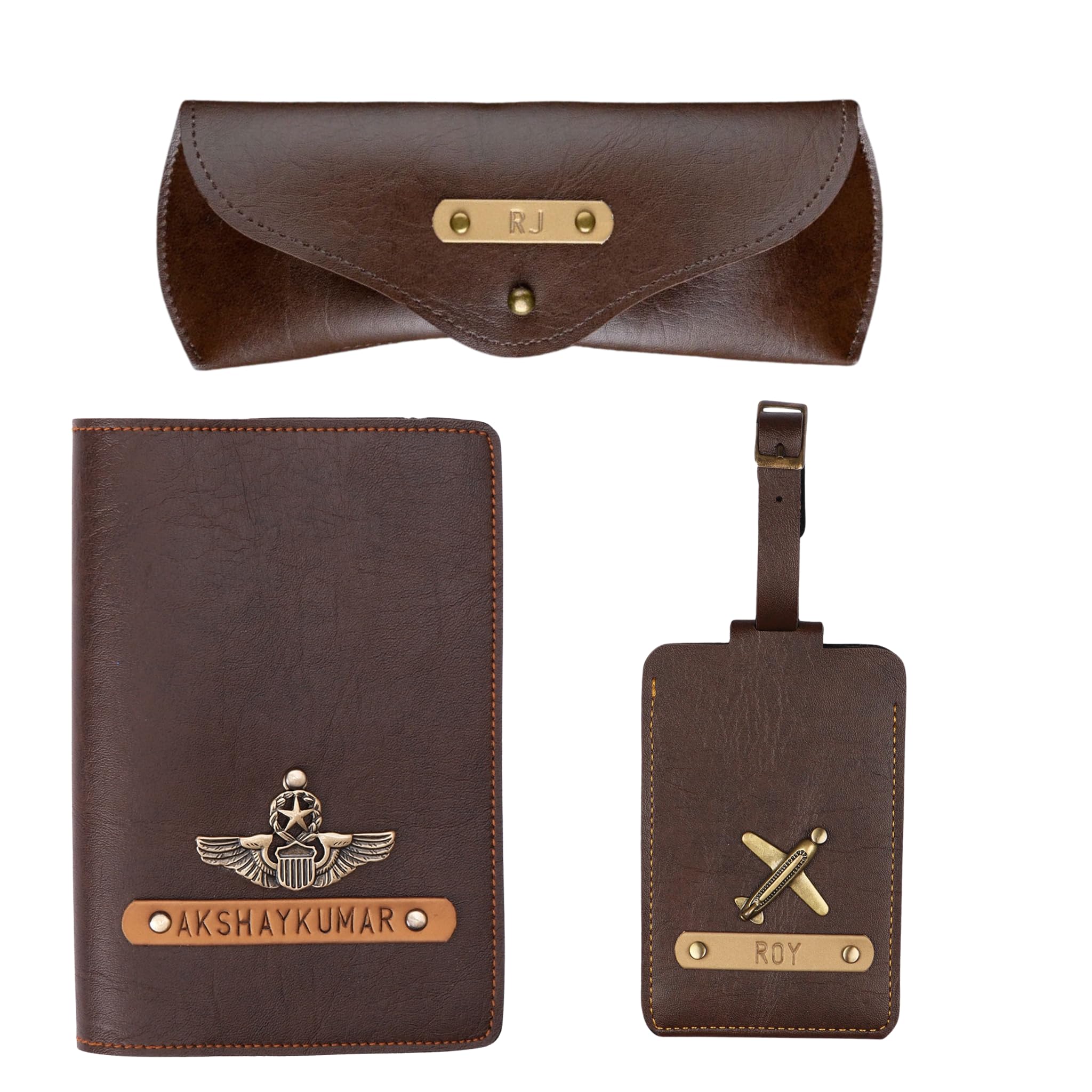 Personalised Gift Hamper for Couple with PU Leather Customize Passport Cover, Luggage Tag & Eyewear Case | Gift Combo for Wife and Husband with Personalized Name & Charms (Dark Brown)-image-27