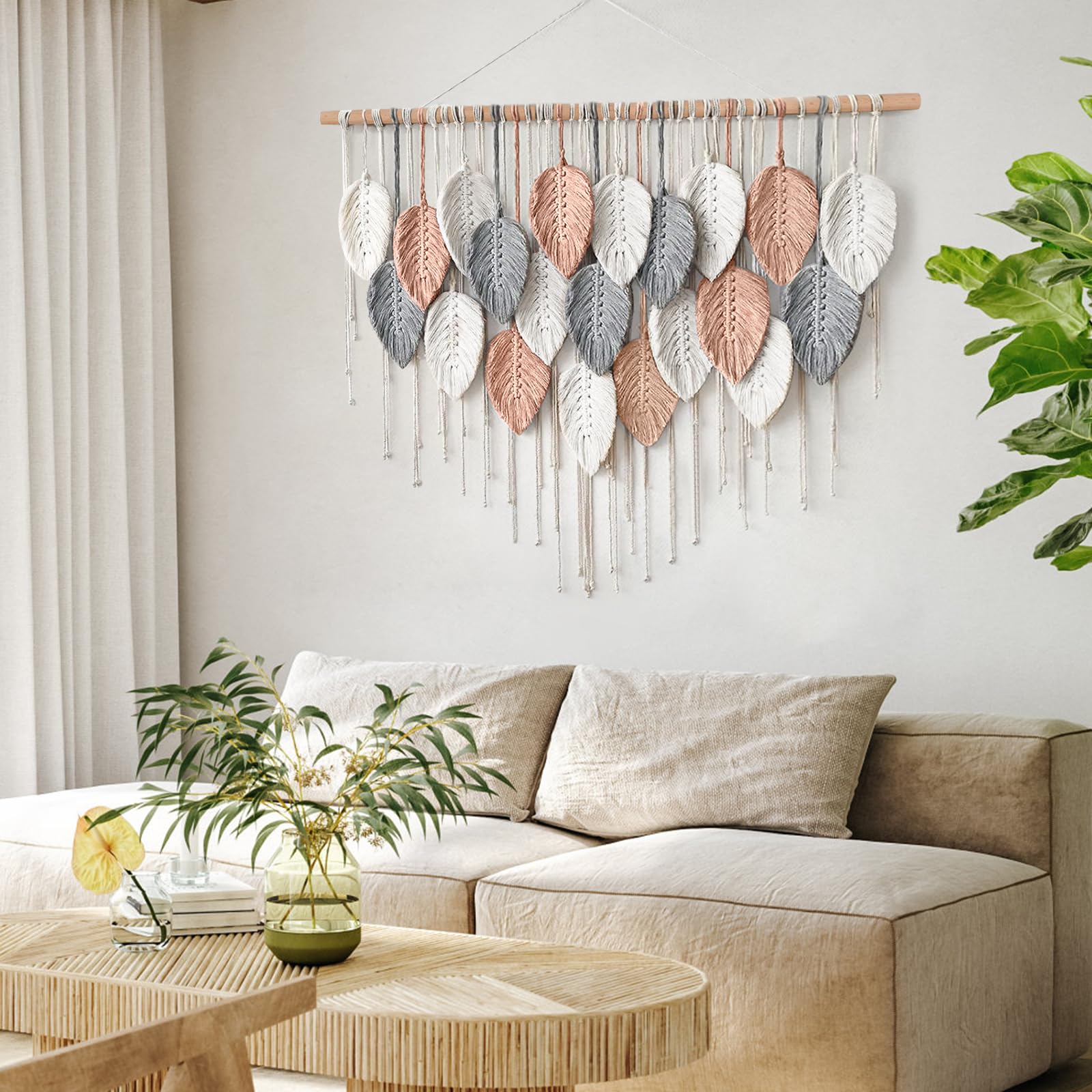 ASTNIC Macramé Tenture Murale Grande Tapisserie, Macramé Mural Tissée à la Main Art, Coton Naturel Bohème Feuille Gland Décoration pour Chambre à Coucher Salon Appartement Toile de Fond (Rose)