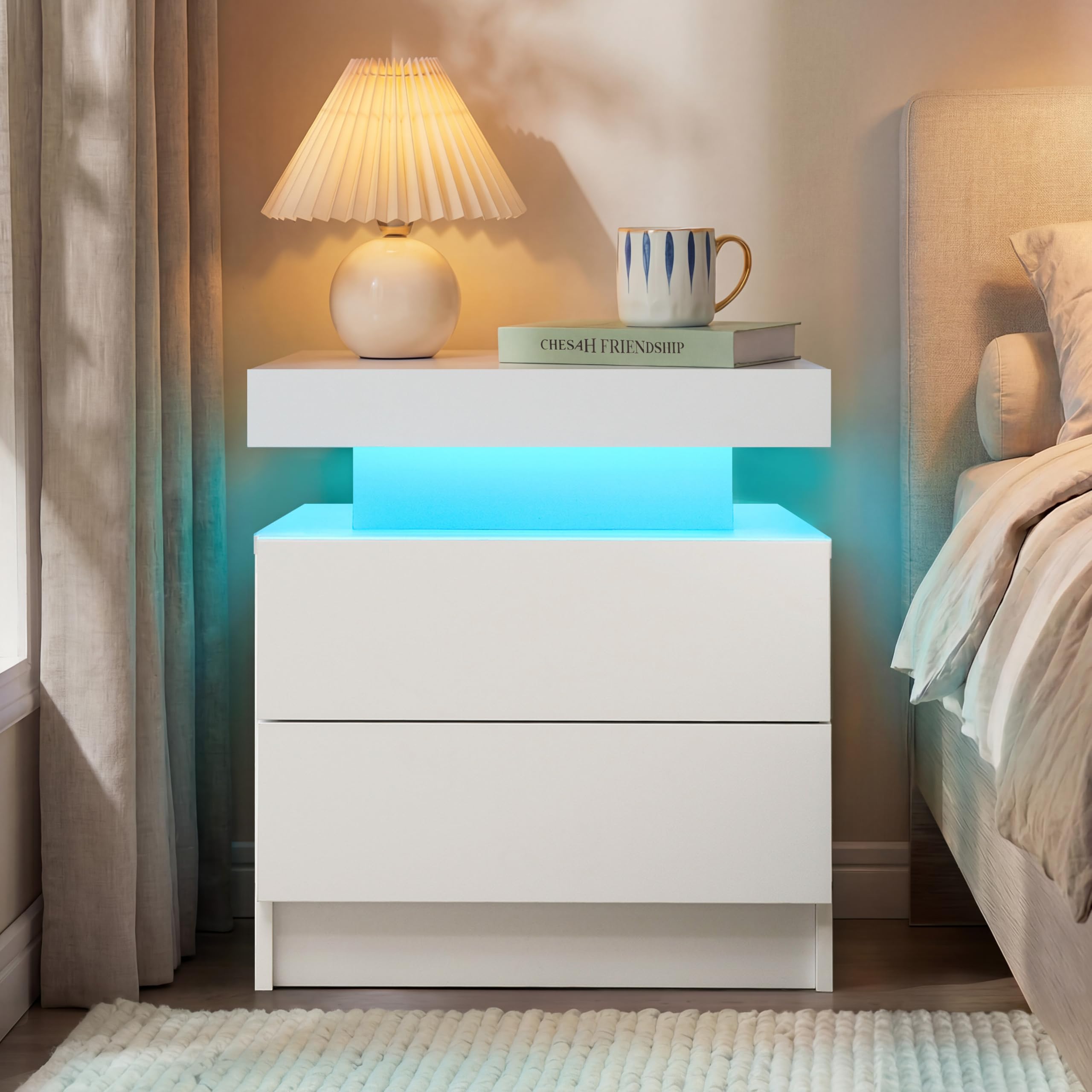 Cubehom LED Bedside Table with 2 Drawers Modern Bedside Table LED Nightstands for Bedroom (White, 1PCS)