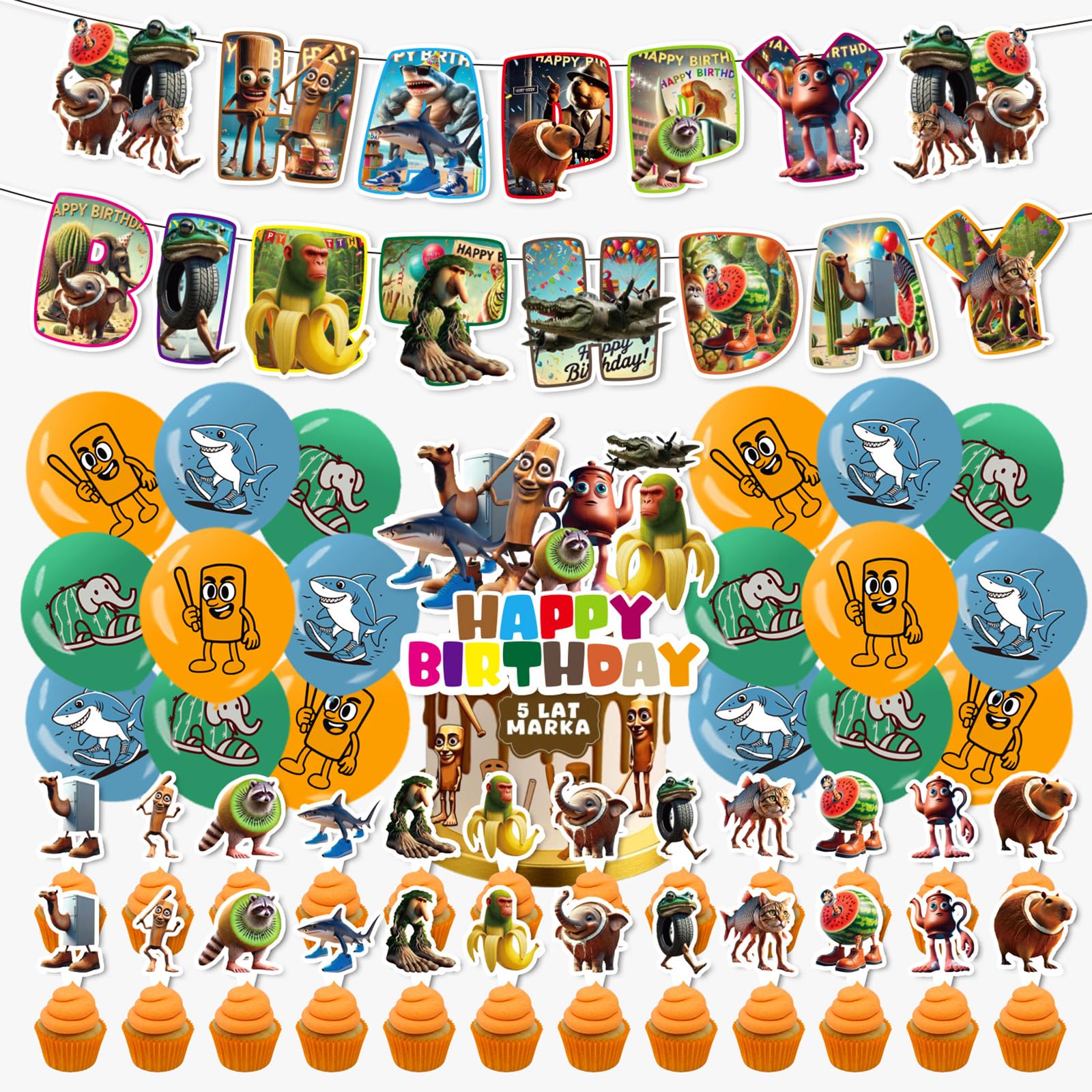 58Pcs Tung Tung Tung Sahur Birthday Party Decoration, Italian Brainrot Birthday Decorations, Brainrot Party Decoration Supplies with Happy Birthday Banner, Cake Topper, Balloons Etc for Kids