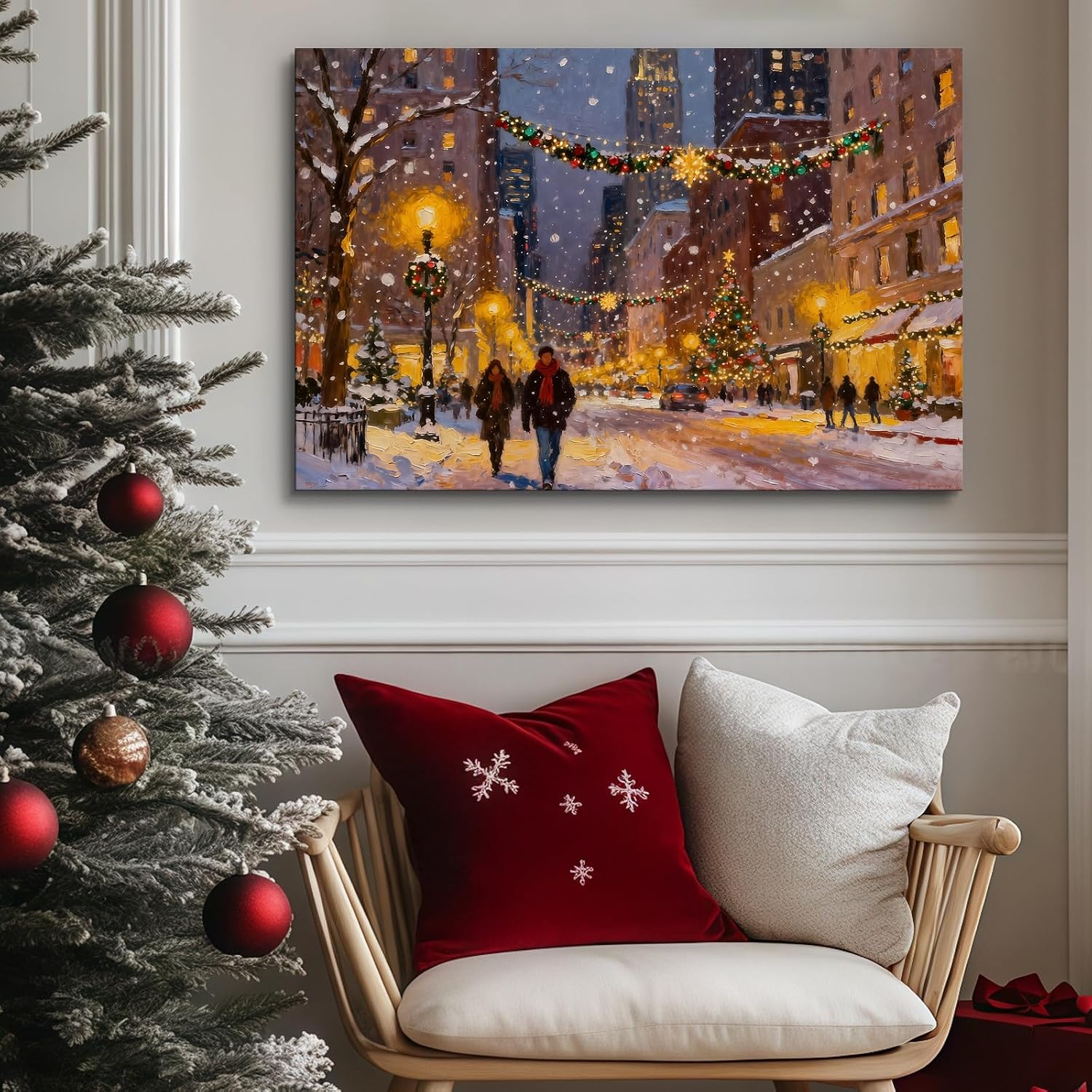 Craftline - Vintage Christmas Snowy City Night Street Canvas Wall Art, Cozy Urban Winter Holiday Cityscape Evening LED Pictures Festive Framed 12x08 Print Living Room Home Cottage Farmhouse Decor