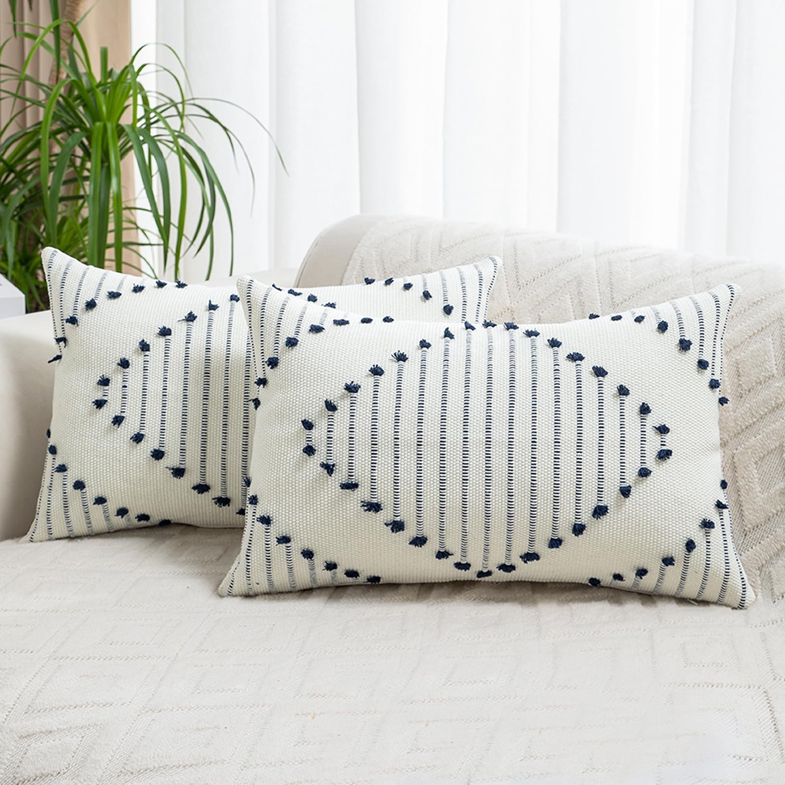 LILEPOY Boho Throw Pillow Covers 12x20 Set of 2 Decorative Pillow Cover Farmhouse Lumbar Pillowcase Modern Soft Textured Pillow Cases Neutral Striped