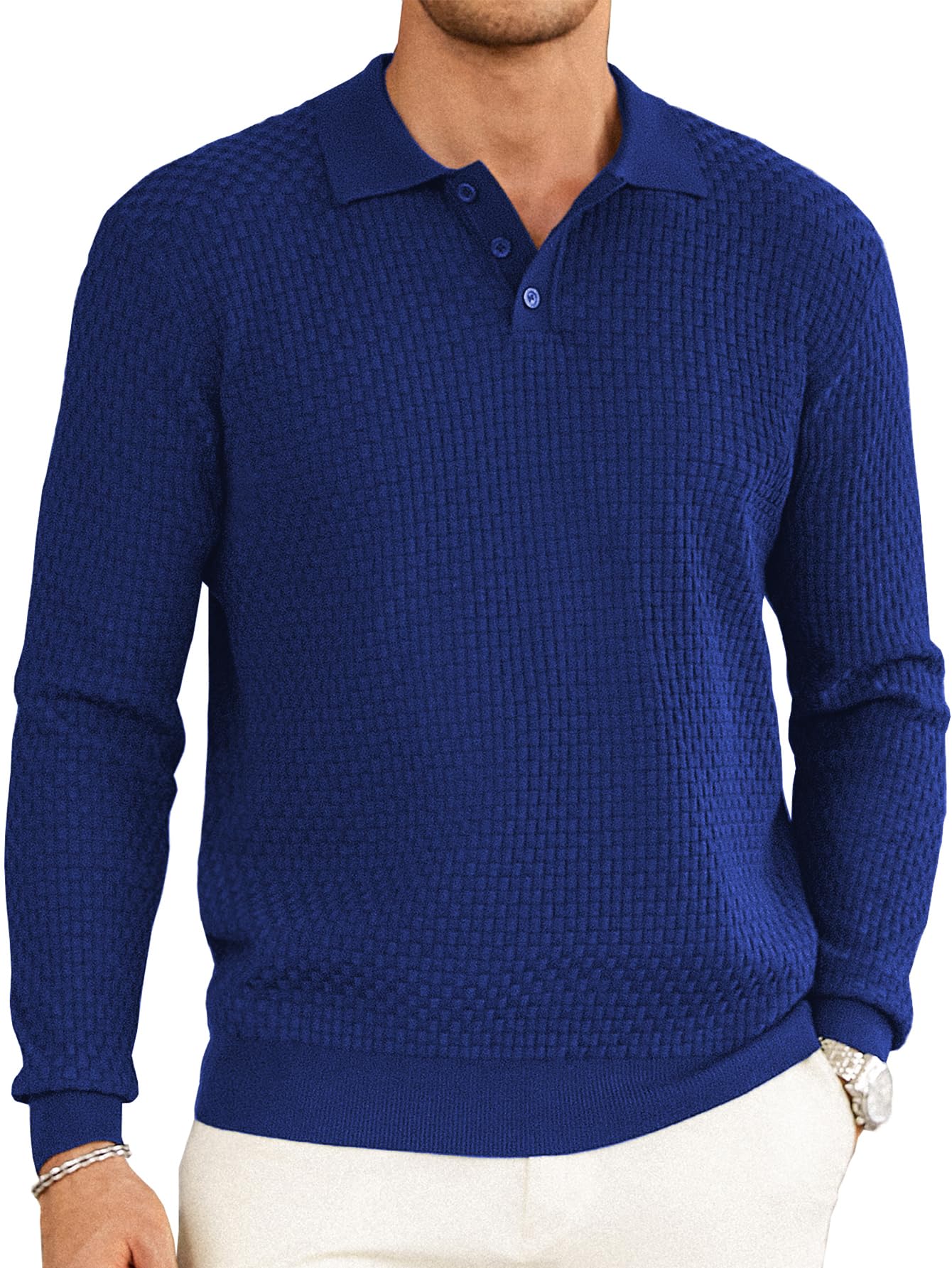 Hardaddy Men's Knit Polo Shirts Long Sleeve Button Up Pullover Sweater Textured Casual Collared Tops