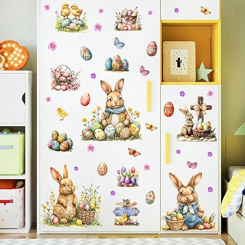 Miniatura 7 de Pegatinas de pared de huevo de Pascua, calcomanías de pared extraíbles de conejo de Pascua, divertidas calcomanías de pared de ramas de árbol de