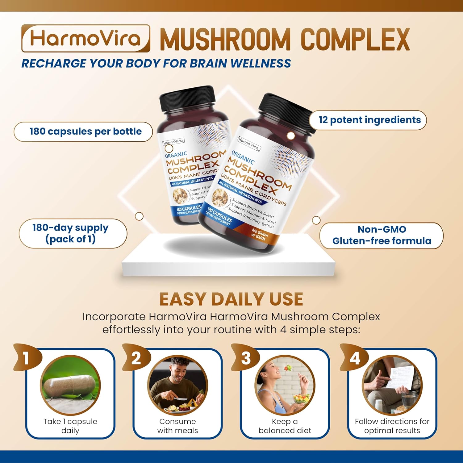 Organic Mushroom Complex with Lion's Mane, Cordyceps & Turkey Tail – Brain, Memory & Immune Support – 180 Capsules (6-Month Supply) - Image 5