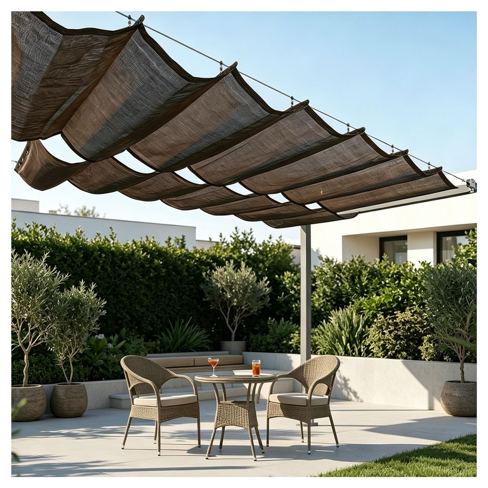 Voile d'ombrage rétractable coulissante pare-soleil ondulé jardin 8m