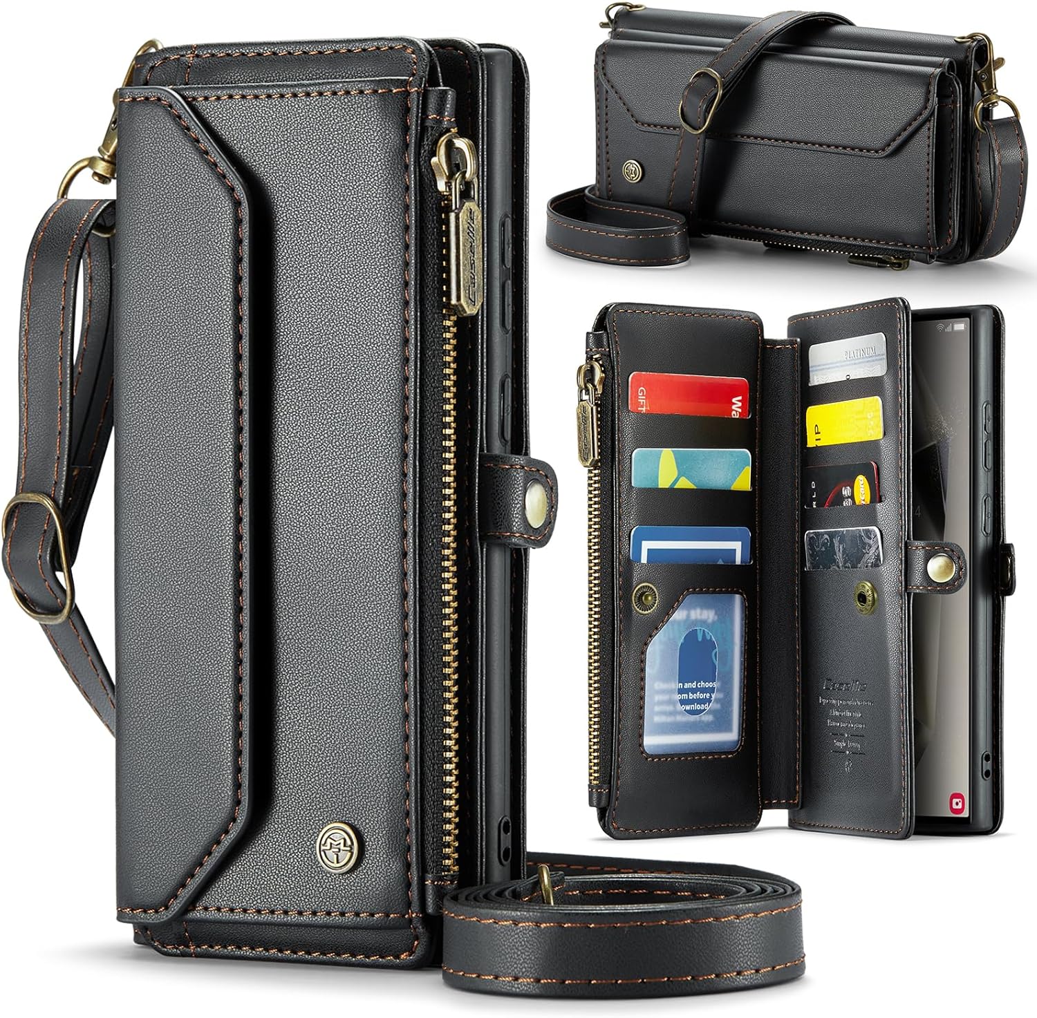 Caseme for Samsung Galaxy S24 Ultra Wallet Case,[RFID Blocking] Retro PU Leather Strap Wristlet Flip Case,Card Holder &Crossbody Lanyard Strapand Kickstand for Women Men (Black, S24 Ultra)