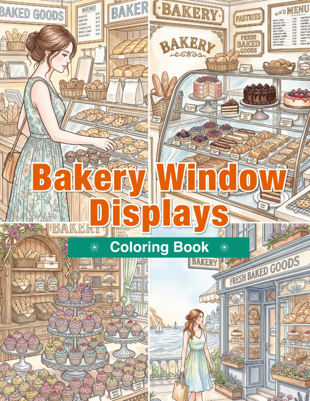 Bakery Window Displays Coloring Book: Charming Bakery Windows, Cake Displays, Pastry Shelves, Cozy Bread Shops, and Sweet Bakery Moments for Adults