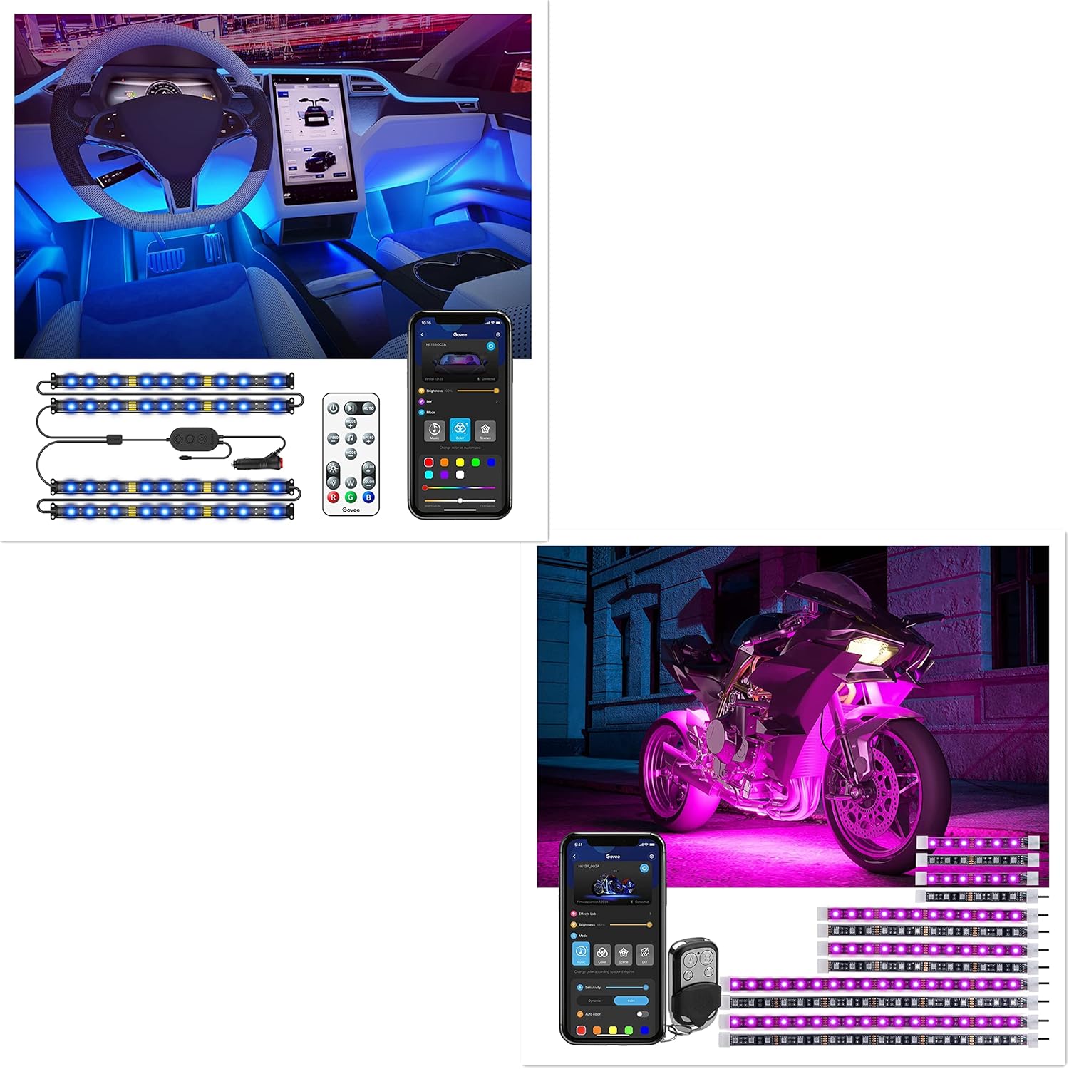 Govee Car Interior Lights Bundle with Govee RGB Motorcycle LED Light Kits 12 Pcs Music Sync & Multiple Scene Modes : Automotive