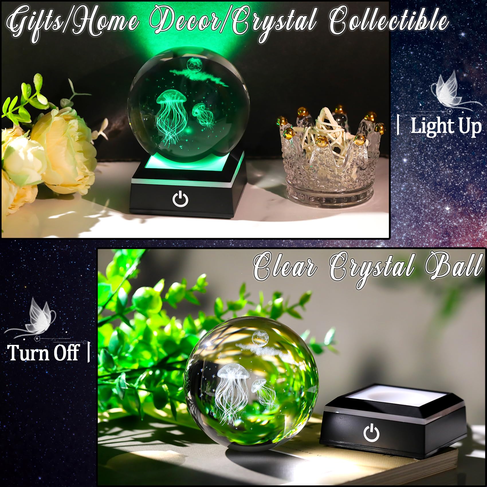 Movdyka 3D Jellyfish and Moon 3.15" Crystal Ball Gifts for Women Glass Sea Animal Art Sphere with LED Lights Base for Mum Sister Presents for Ocean Lovers Home Ornaments Paperweight - Image 3