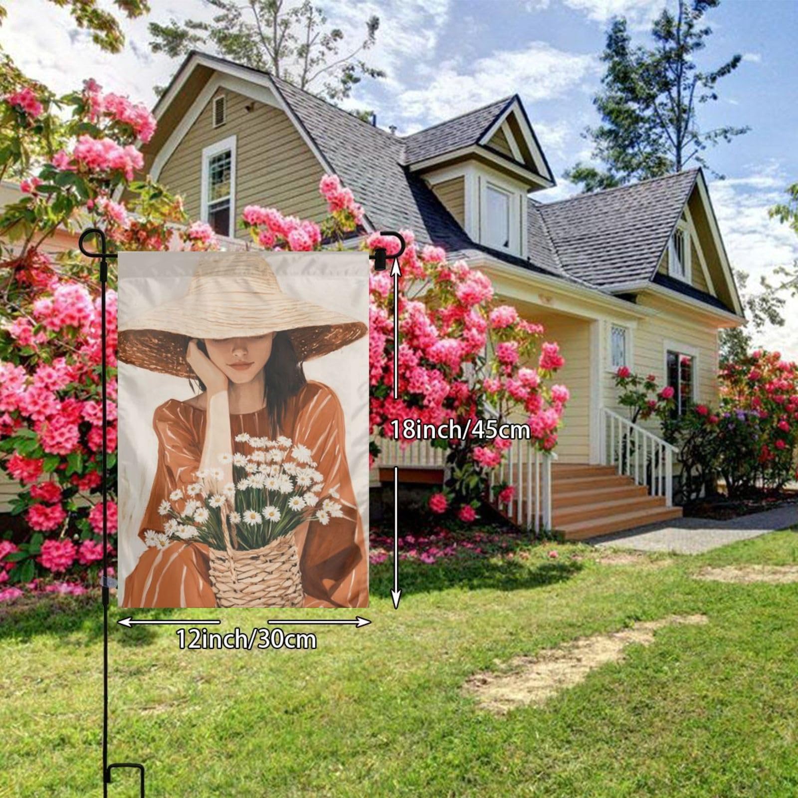 Bohemian Woman Orange Dress Daisies Garden Flag 12x18 Vertical Double Sided Farmhouse Holiday Outside Decorations Yard Flag