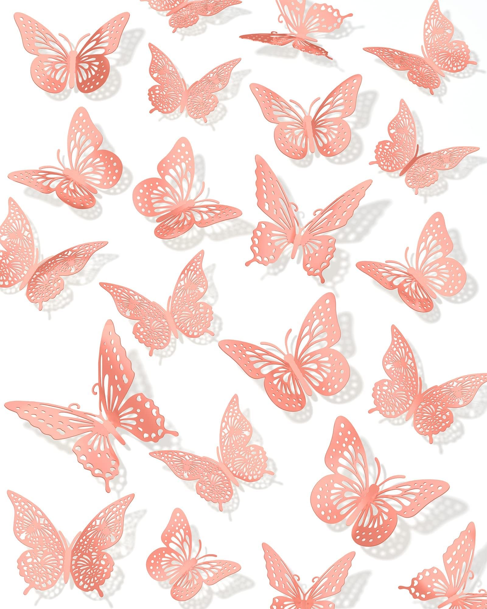 Hui Dahui 3D Butterfly Wall Decor, Pink Butterfly Decorations, 3 Styles 3 Sizes Removable Butterfly Wall Stickers Room Decor for Birthday Party Kids Bedroom(72PCS)
