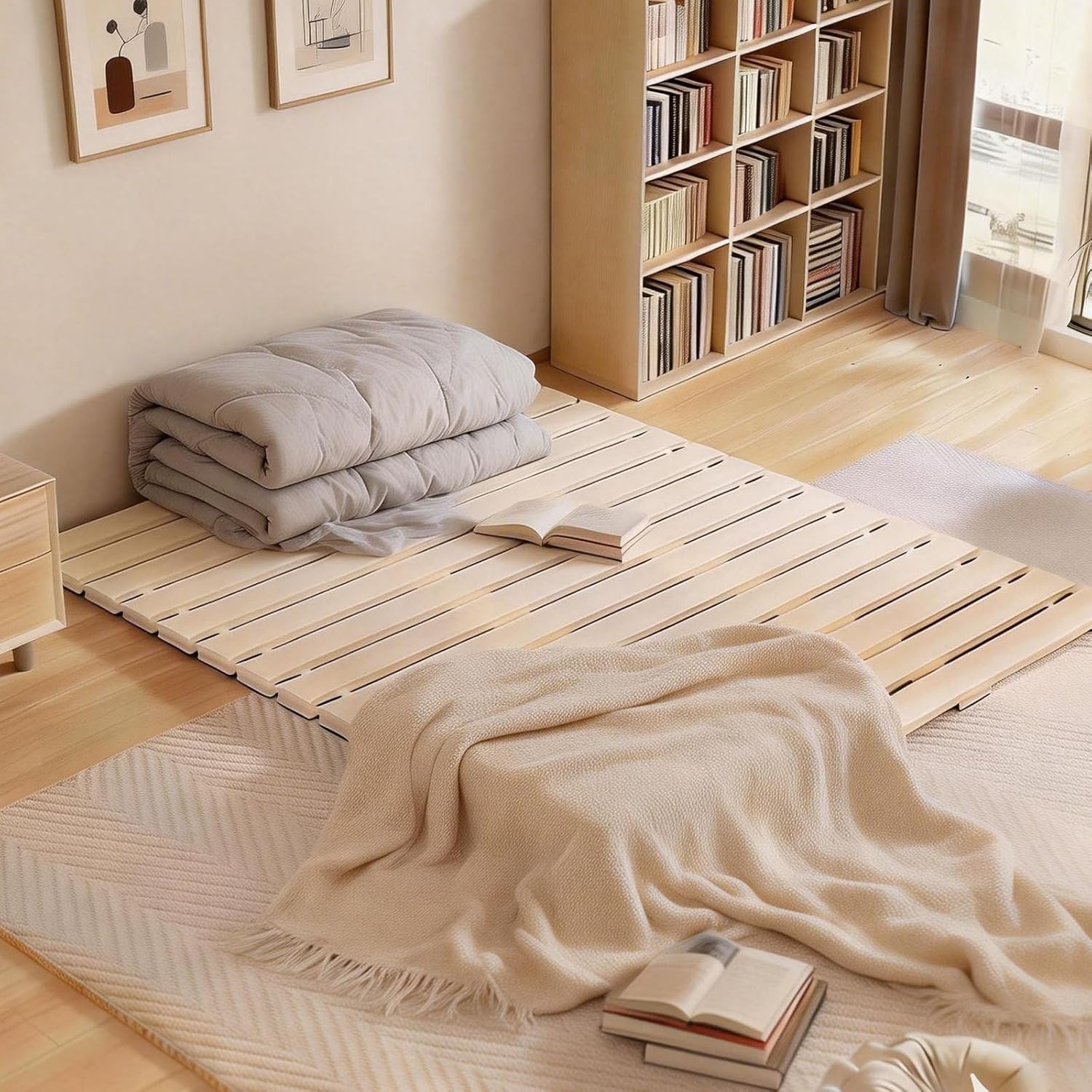 Floor Bed Frame Japanese Bed Frame Foldable Slatted Bed Base Wooden Floor Platform Guest Tatami Mat（Full）