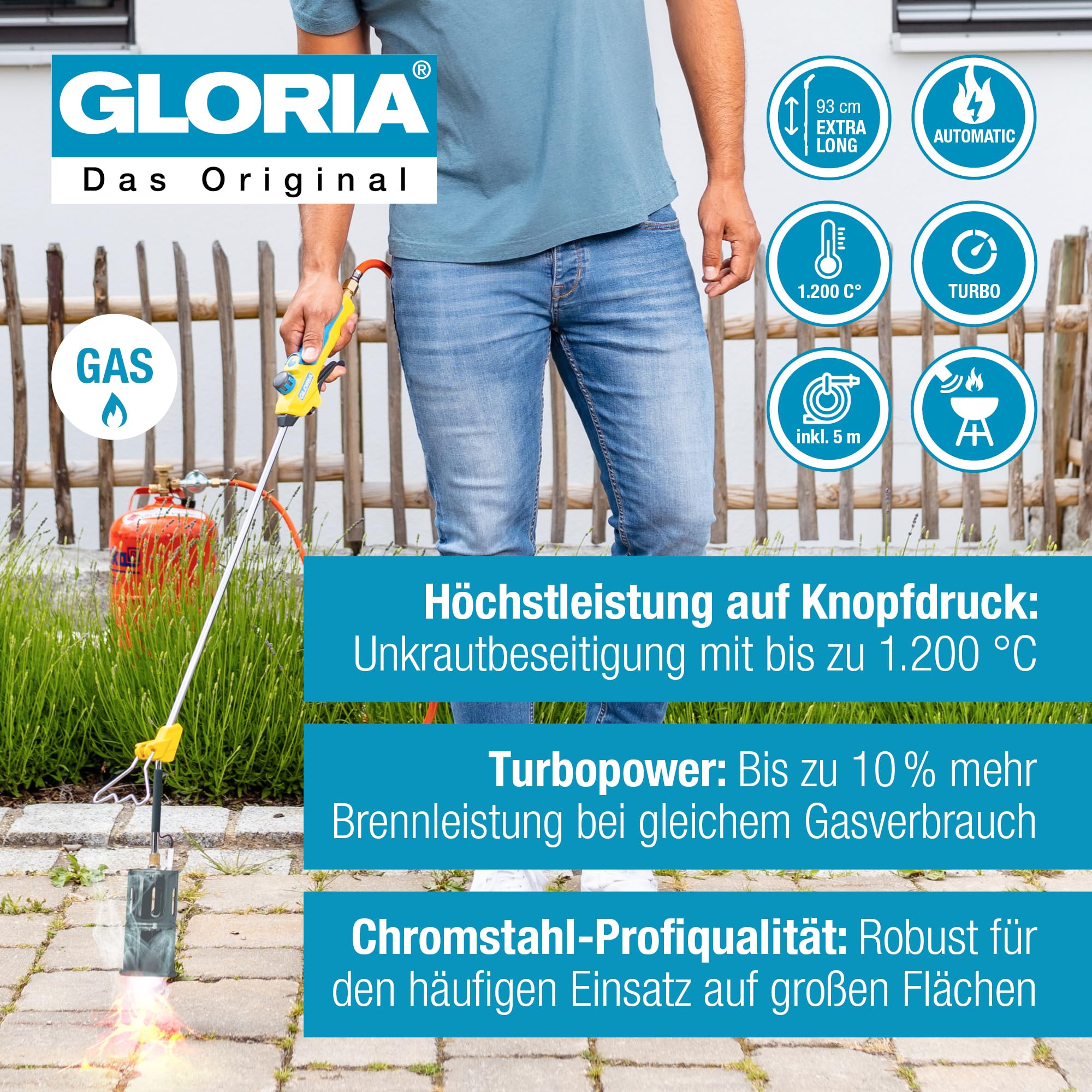 Gloria Flameador de gas Thermoflamm Bio Professional E+ Turbo Set – Potente para grandes superficies | Conexión de botella de gas comprimido | Quemador de malas hierbas/herbicidas | Incluye reductor