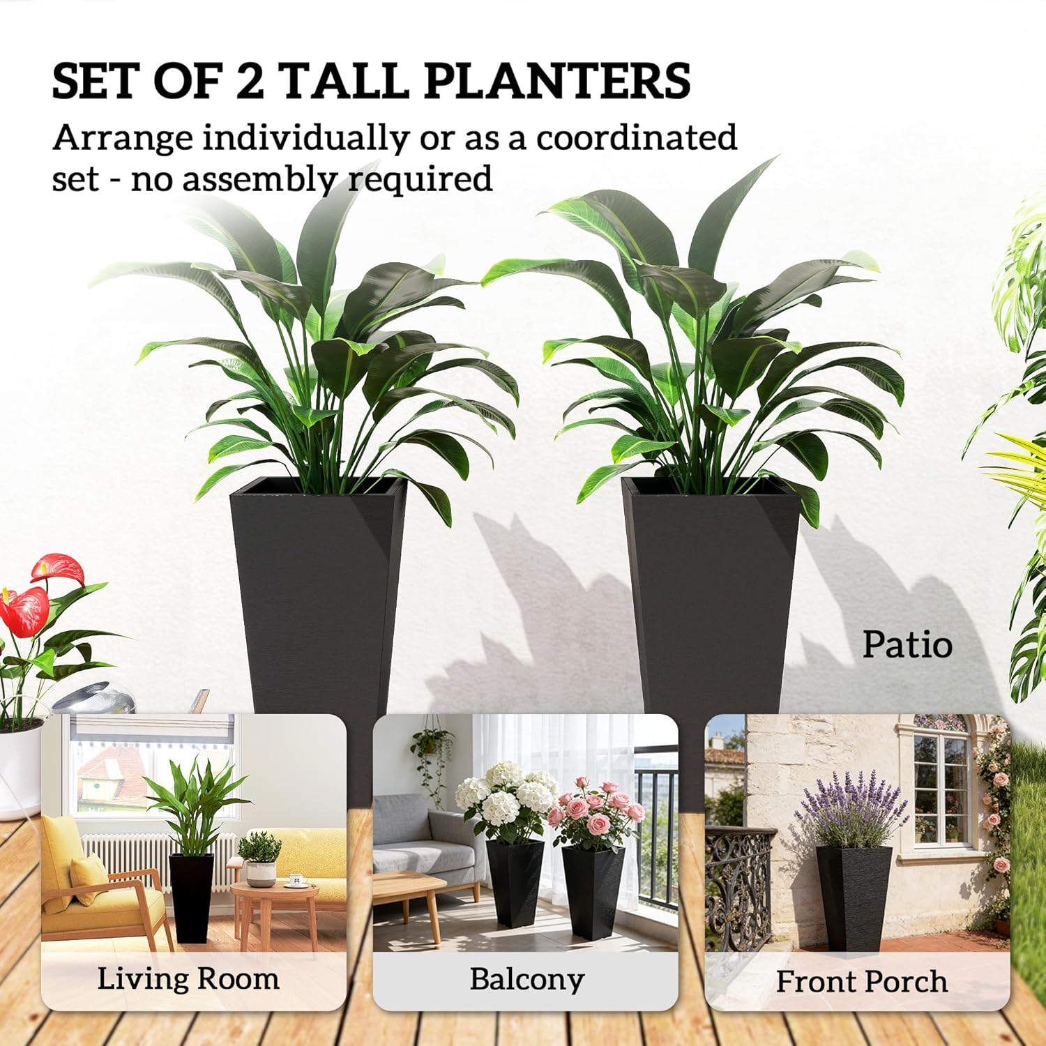 Outsunny 23 Inch Tall Planters for Outdoor Plants, Set of 2 Plastic Flower Pots, Weather and UV Resistant Stackable Tapered Large Planters for Front Door Patio Garden Use, Black