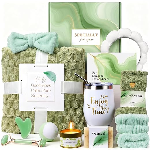 Self Care Kit - Spa Gifts Self Care Relaxation Gifts for Women Self Care Basket Set Stress Relief Get Well Soon Gift Baskets for Women Cozy Relaxing Gifts for Woman Mom Best Friends Sister Wife, Green