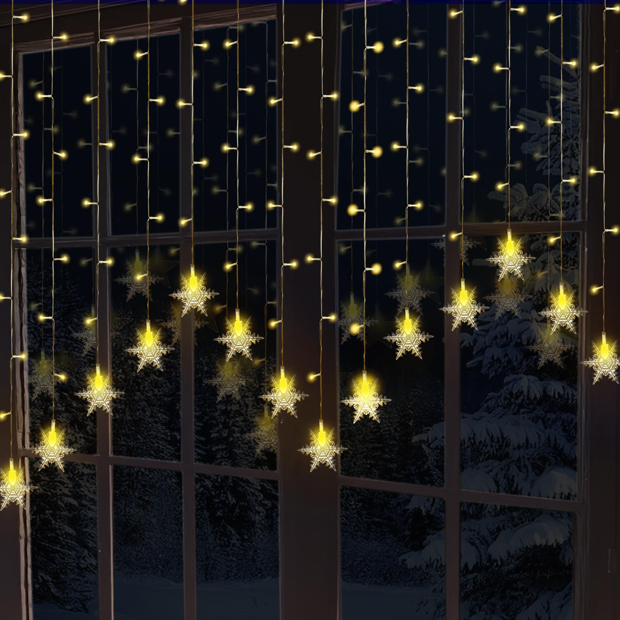 104 LED Curtain Light - Christmas Lights, Fairy Lights, 8 Modes - Xmas Decor, Indoor Window, Bedroom, Party, Wedding, Plug-in LED Curtain, Christmas Decorations (Snowflakes - Warm White)