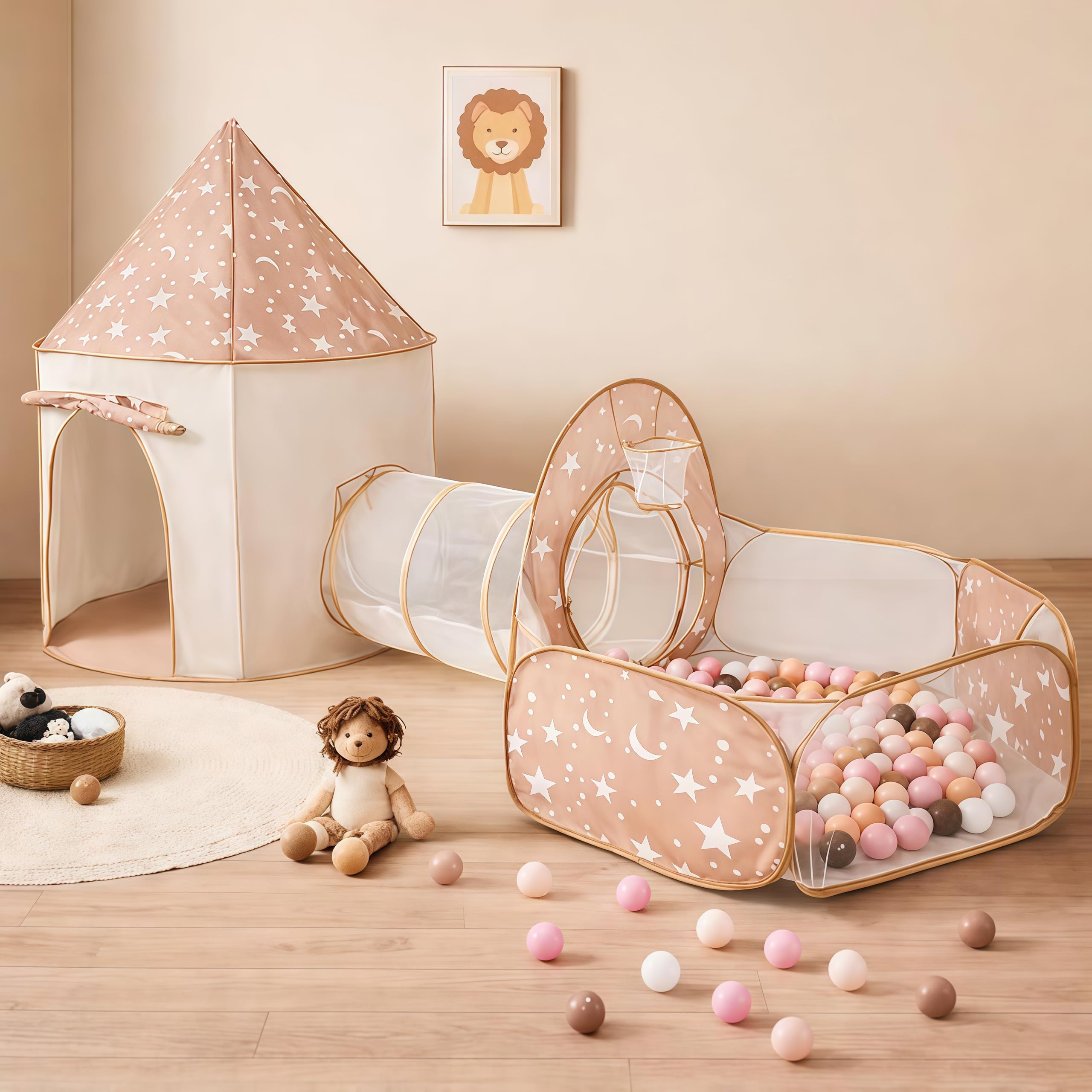 3 in 1 Kids Play Tent with Tunnel, Pop Up Play Tent with Ball Pits for Toddlers tunnel toys for toddlers 1 2 3 year birthday gift, Toddler Tents Indoor/Outdoor Playhouse
