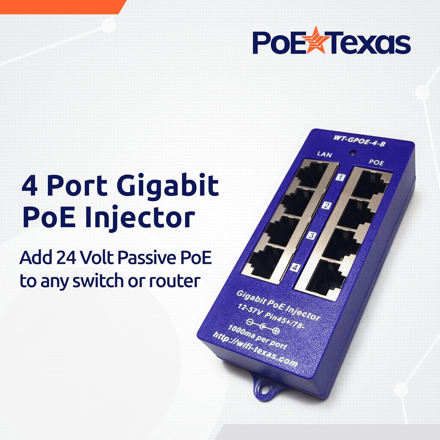 Buy PoE Texas 4 Port 24V Passive PoE Injector with 24V 30W UL/FCC