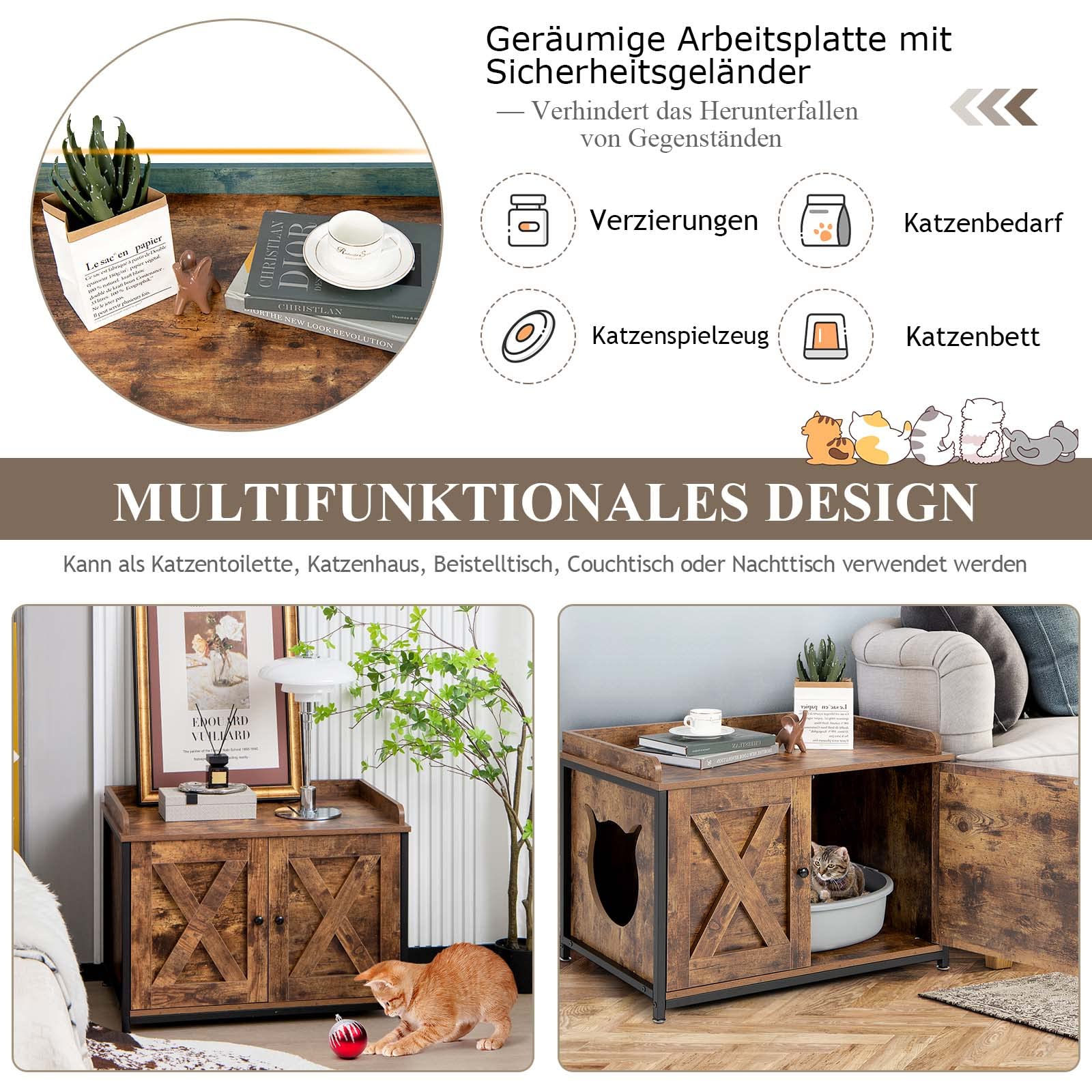 COSTWAY Katzenschrank Katzentoilette, Katzenhaus mit 2 Türen & Eingang, Katzenhöhle Katzenklo Schrank, für Katzen Hunde Haustier, Haustierbox Haustierkiste, Beistelltisch Katzenmöbel, Vintage Braun
