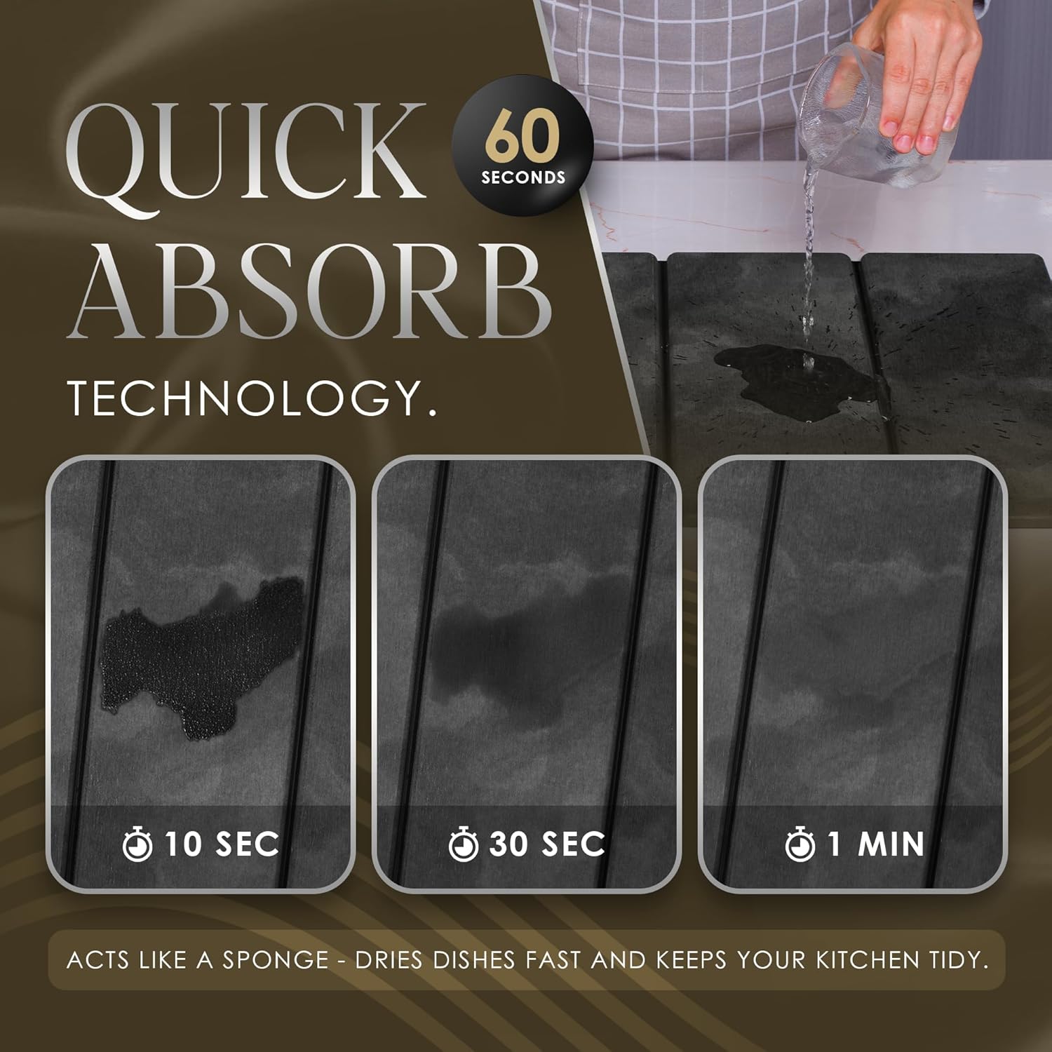 Large Black Stone Dish Drying Mat - Foldable & Water Absorbing Dish Drying Mat with Cleaning Tools, Anti-Slip, Stain Resistant, Easy-Clean, Kitchen Drying Mat and Highly Absorbent Bath Mat 24" x 16"